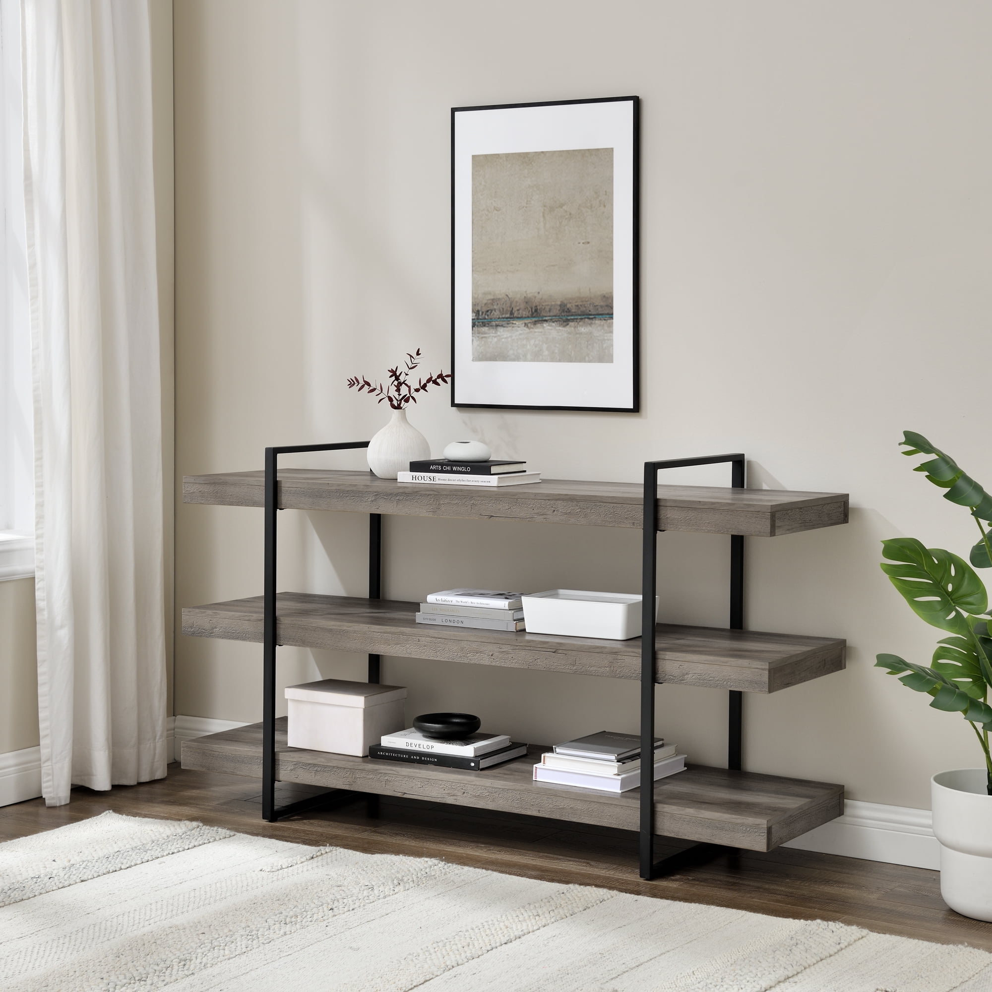 Walker Edison 60" Industrial 3Shelf Metal and Wood Bookshelf, Grey wash