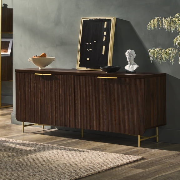 Walker Edison 69” Scandinavian 4-Door Reeded-Front Sideboard, Dark Walnut/Gold