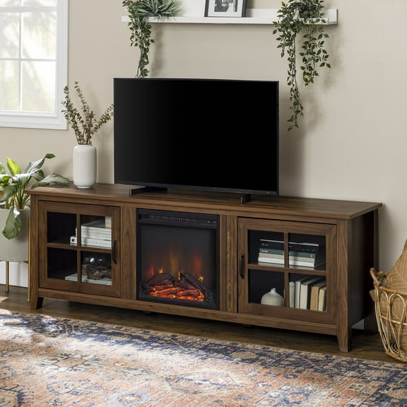 Walker Edison Farmhouse Fireplace TV Stand for TVs up to 80", Dark Walnut