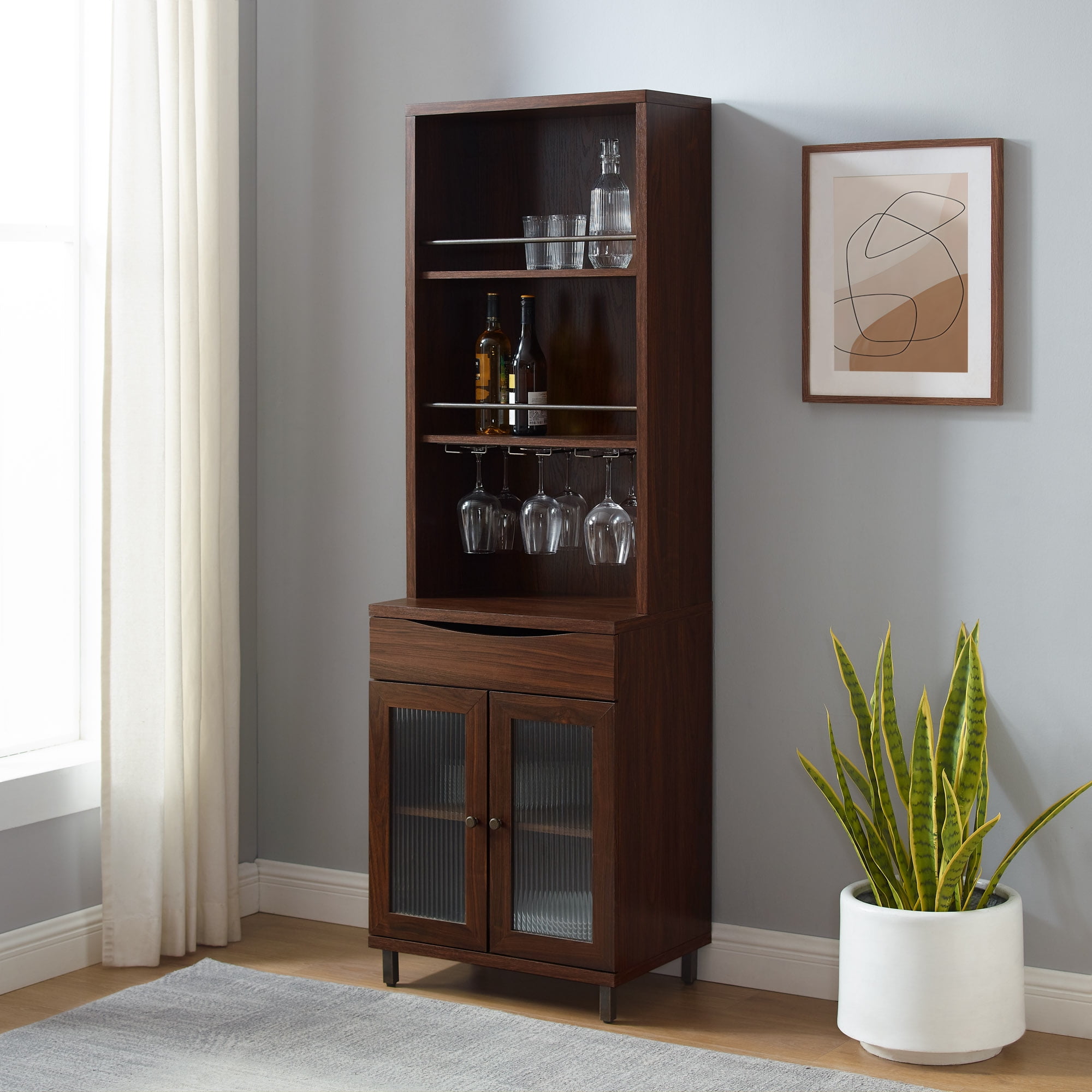 Walker Edison 72” Contemporary Wine Storage Hutch Bar Dark