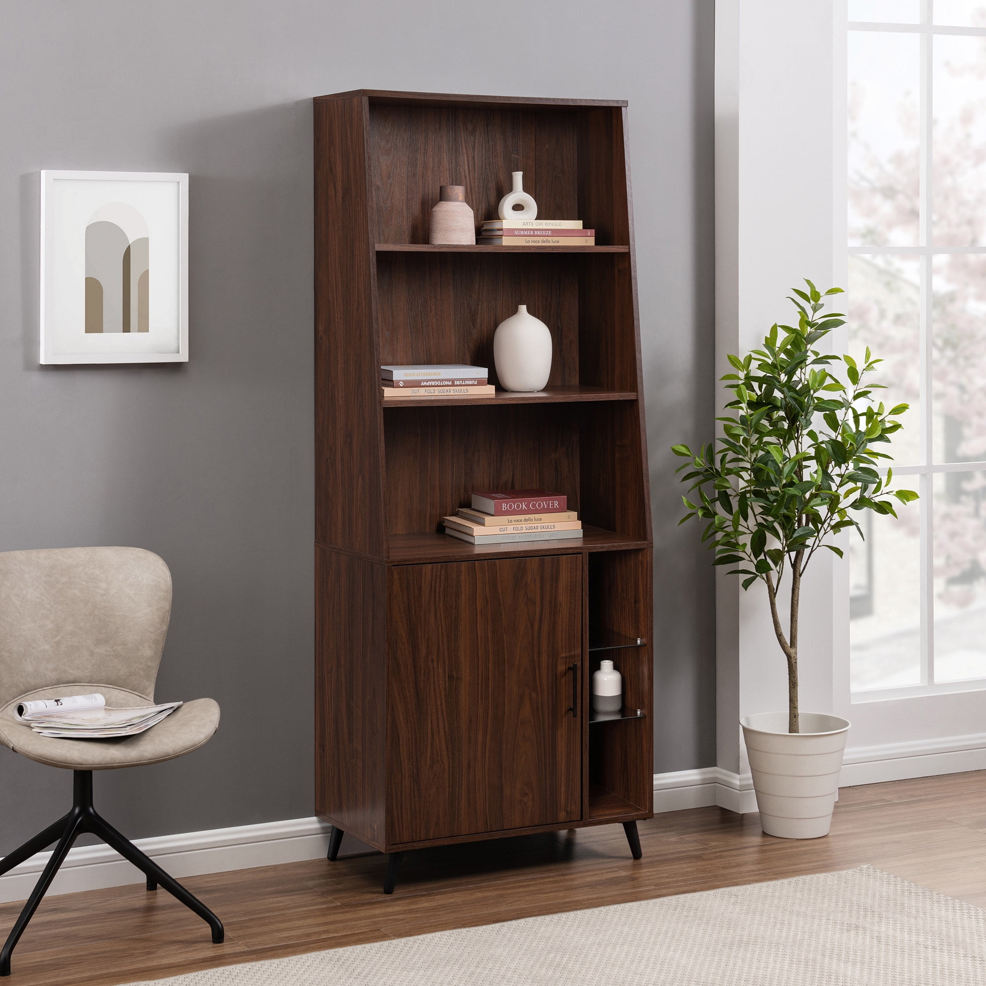 Walker Edison 72" Modern GlassShelves Bookcase, Dark Walnut