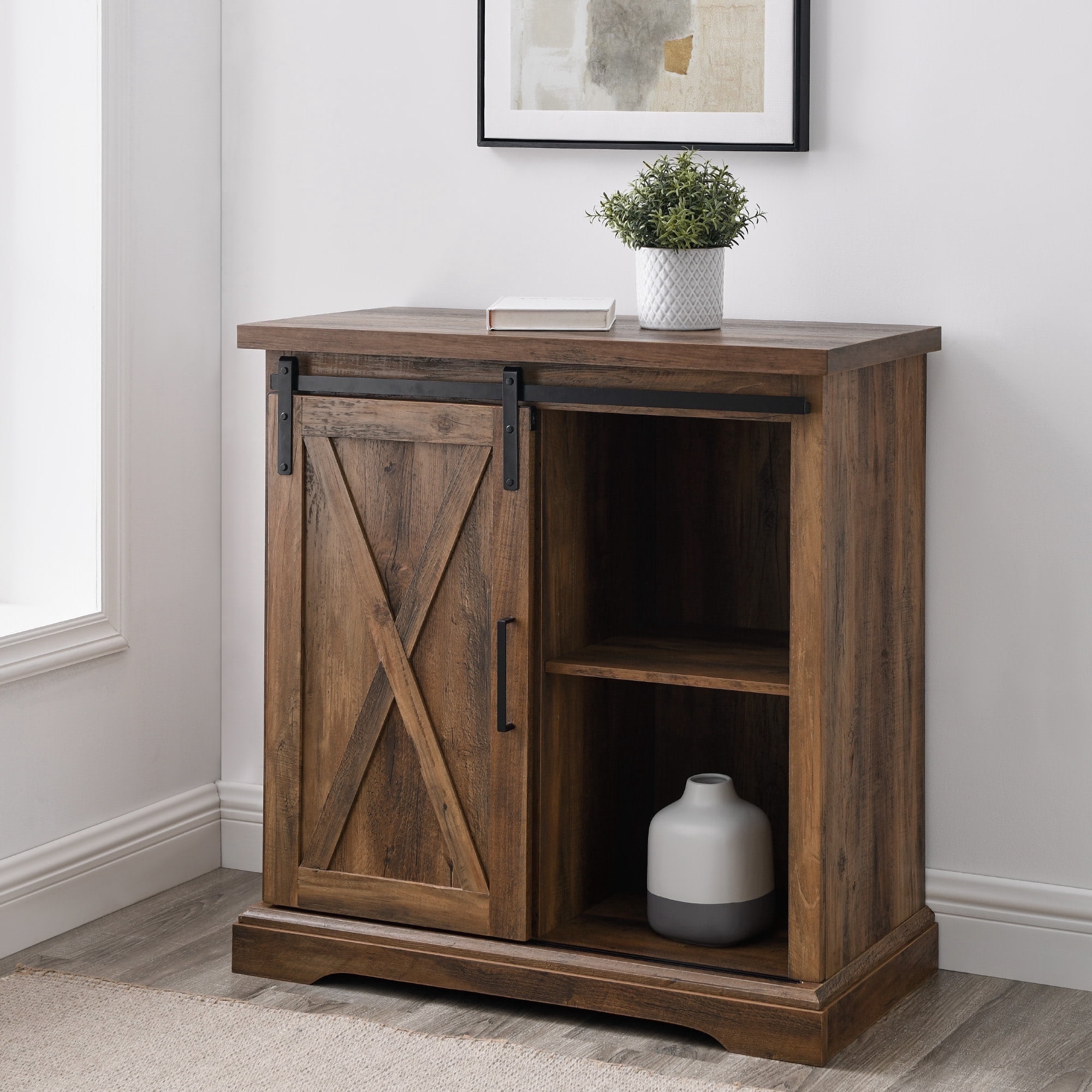 Walker Edison Rustic Oak Sliding Barn Door Accent Cabinet, 32 Inches ...