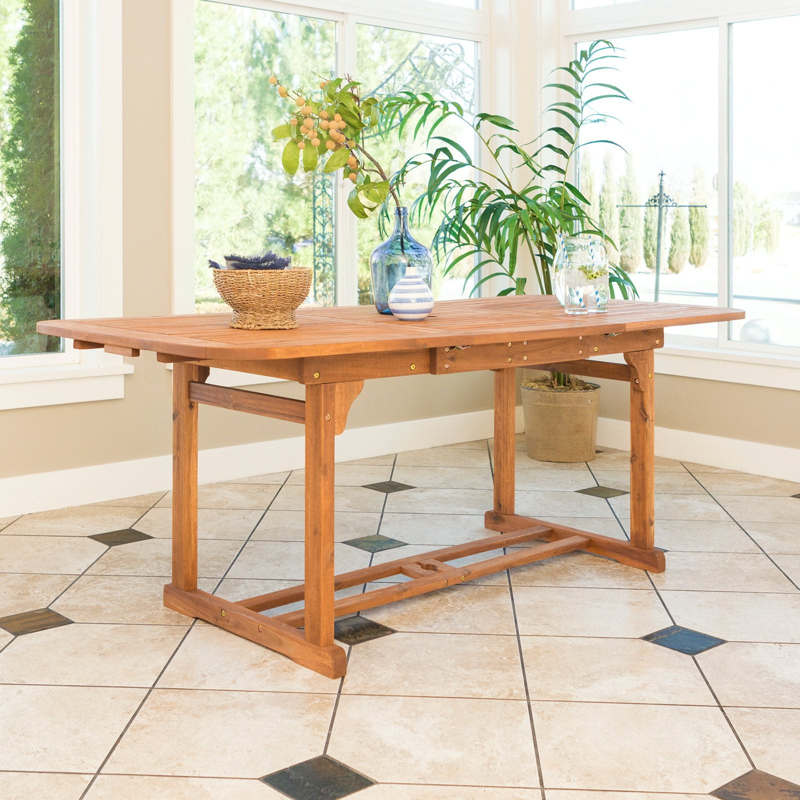 Extendable Solid Acacia Wood Outdoor Dining Table in Dark Brown