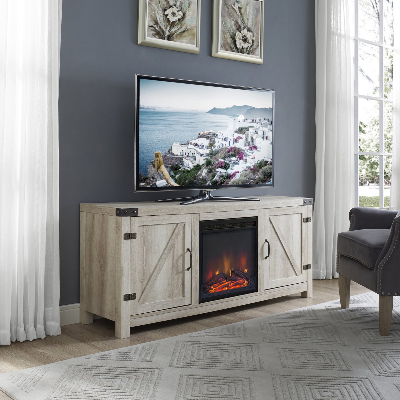 Walker Edison Barn Door Fireplace TV Stand