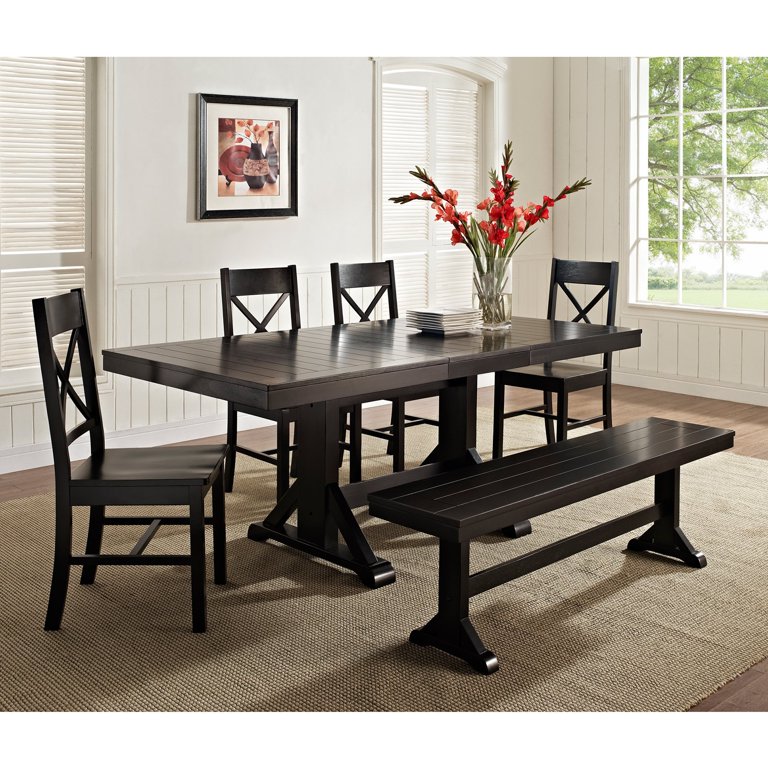 Walker Edison Black 6 Piece Solid Wood Dining Set with Bench