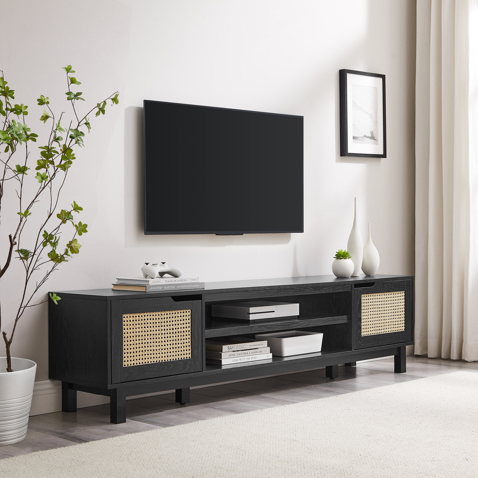 Black Rattan-Door TV Stand with Cabinet for TVs up to 80 Inches