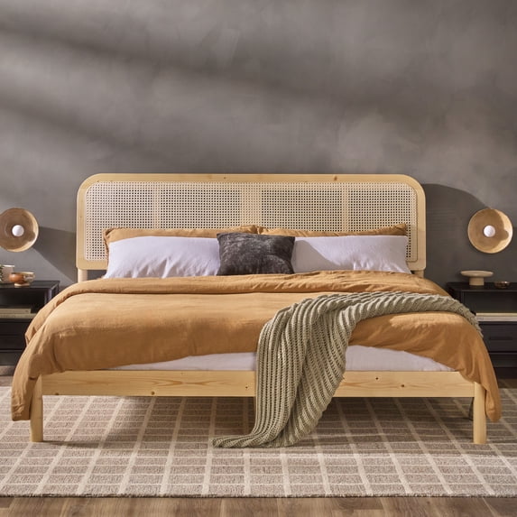 Walker Edison Boho Rattan-Panel King Platform Bedframe, Natural ...