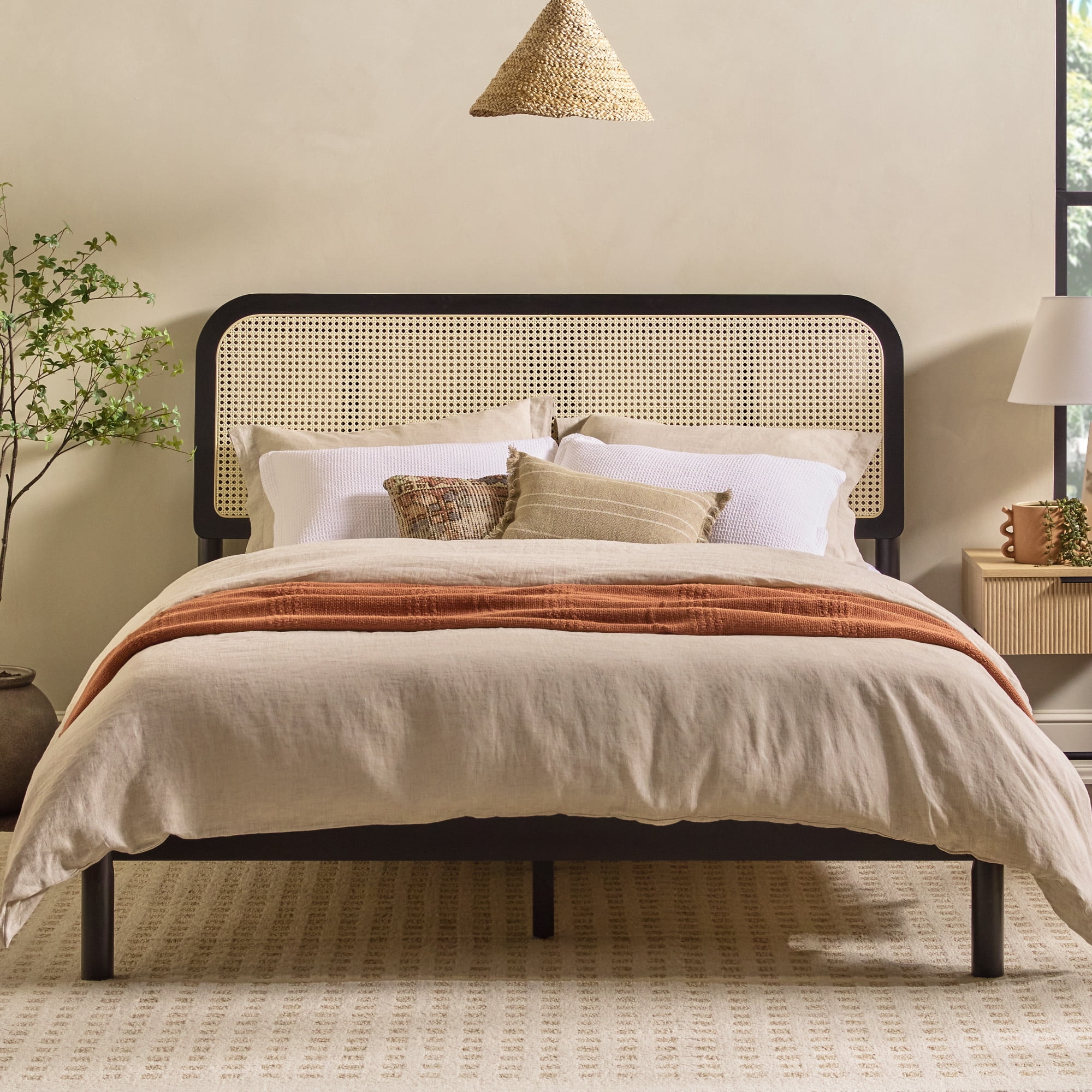 Black Queen Wood Frame Bed with Rattan Upholstered Headboard