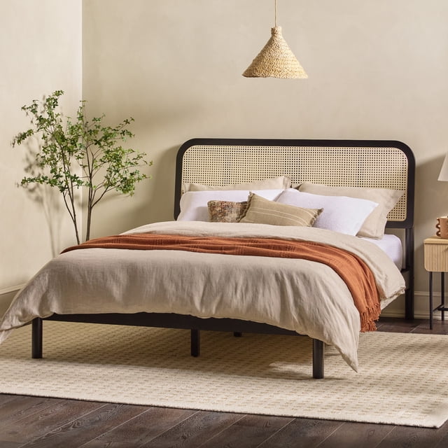 Walker Edison Boho Rattan-Panel Queen Platform Bedframe, Black ...