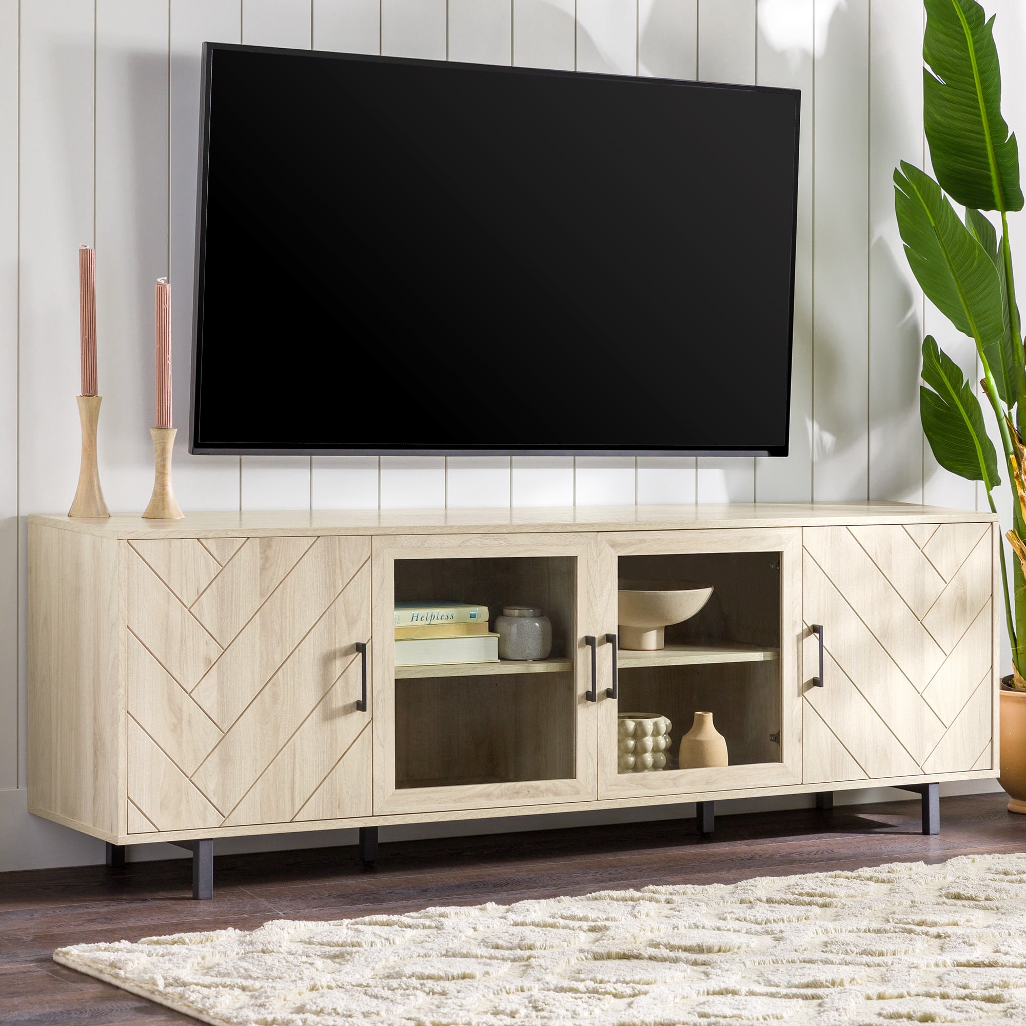 Luz, Natural Wood TV Stand with Glass Doors