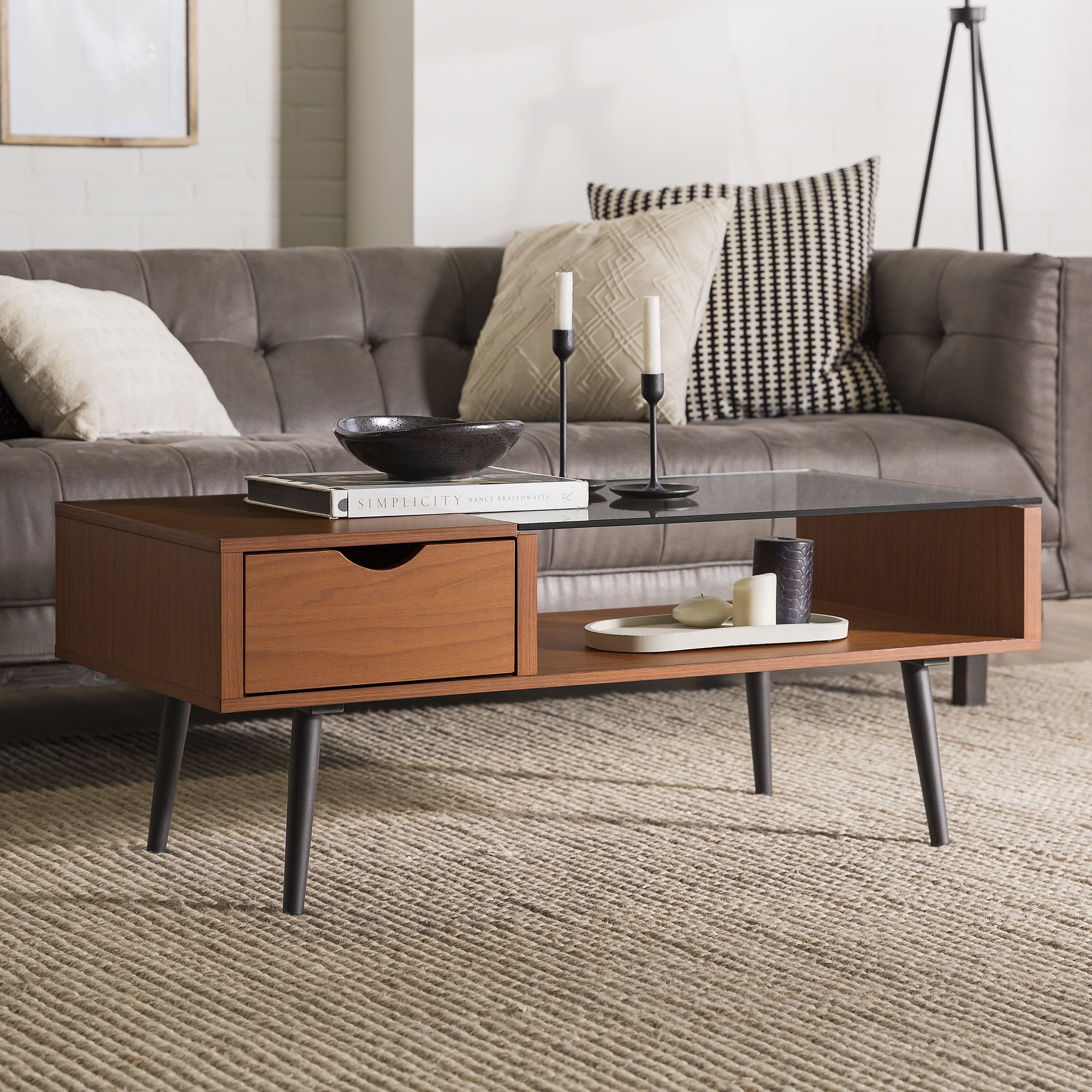 Walker Edison Booker Single-Drawer Acorn/Glass Coffee Table