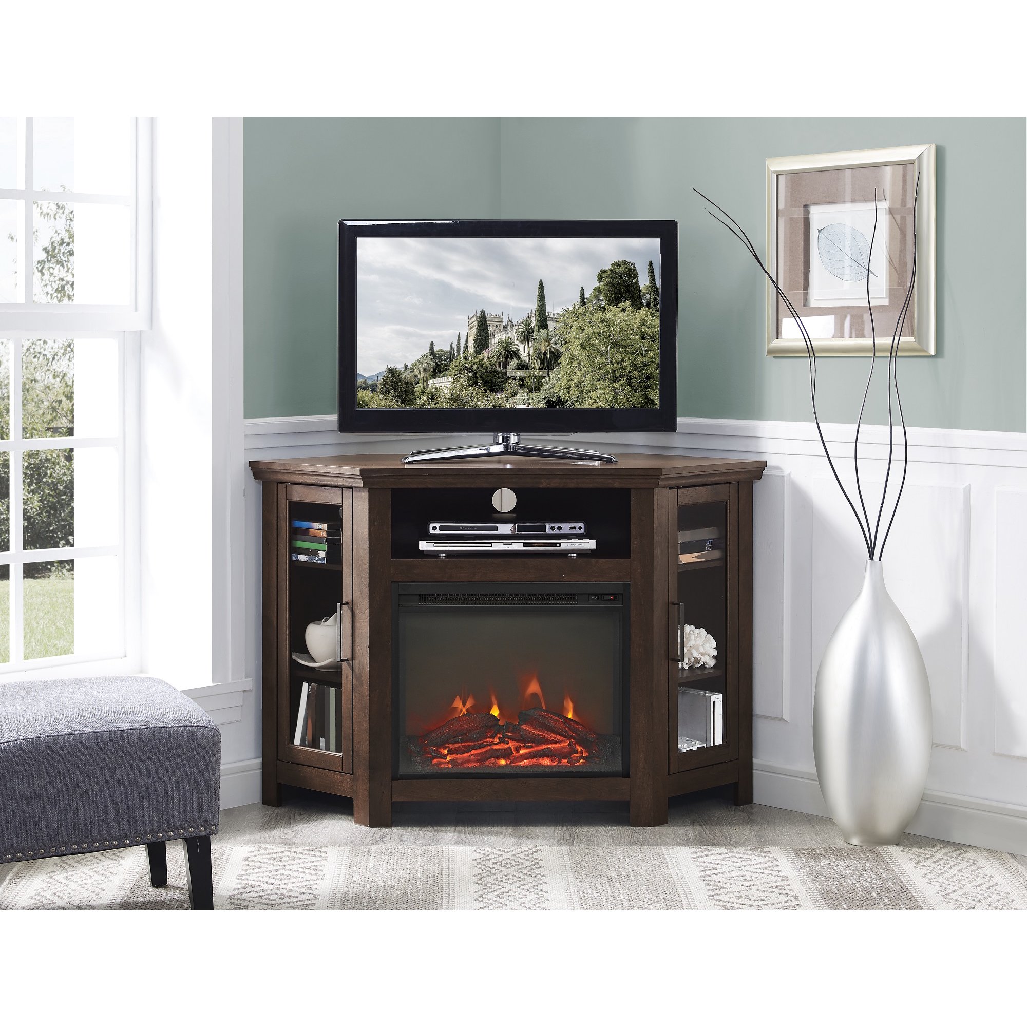 Walker Edison Brown Corner Fireplace TV Stand for TVs up to 50 -  Walmart.com