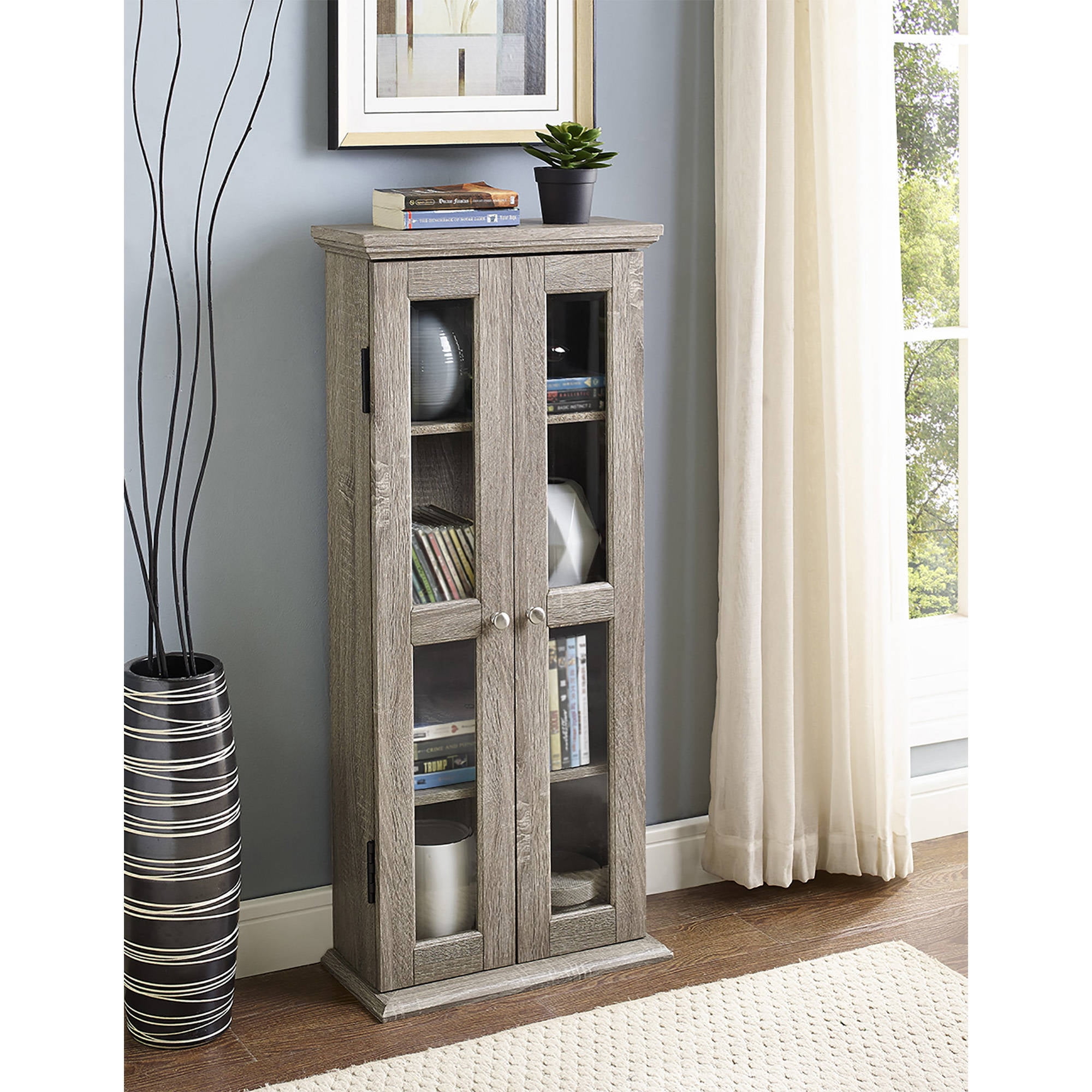 Walker Edison Glass Doors Furniture, Driftwood Media Tower Storage
