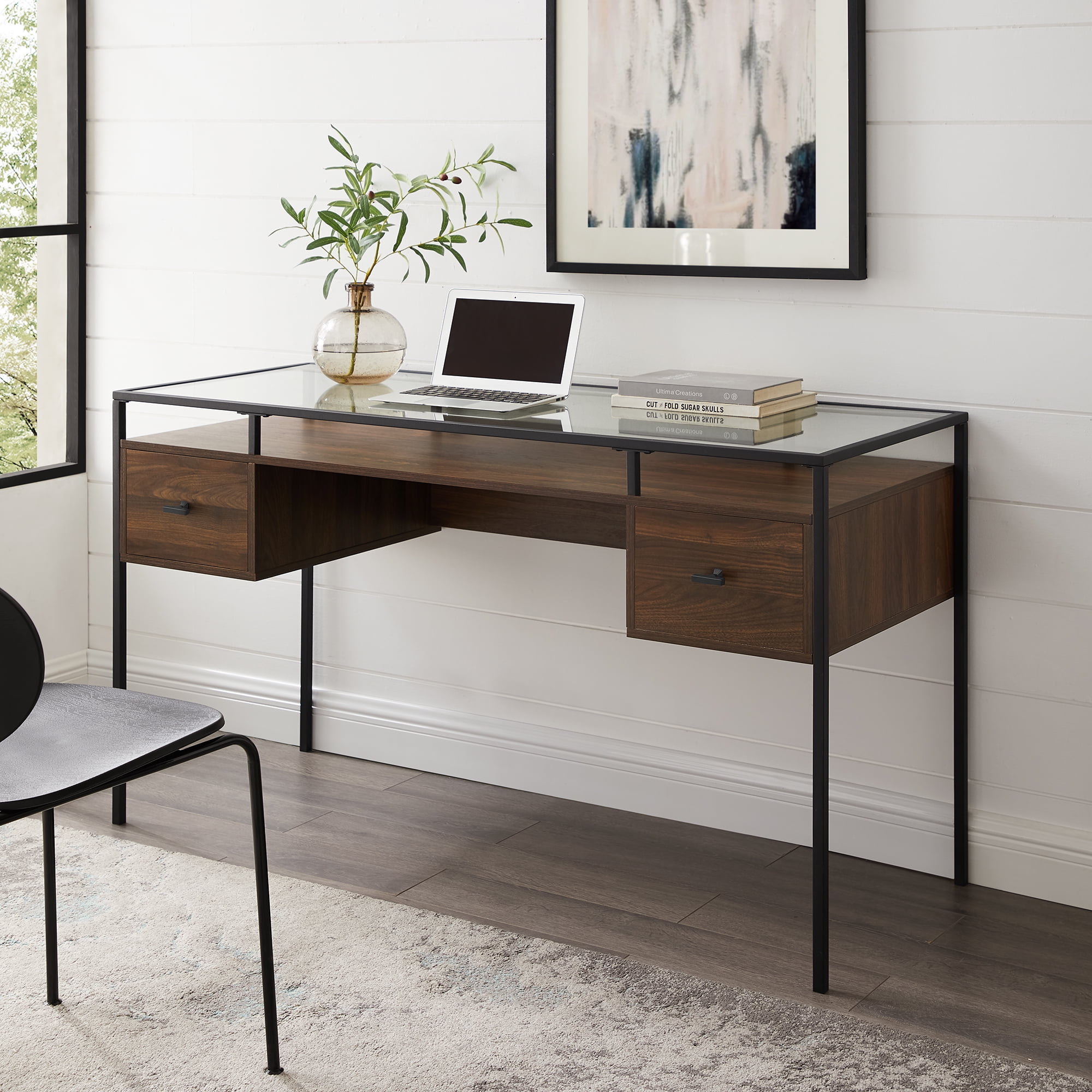 Walker Edison Carlisle Dark Walnut 2-Drawer Glass Top Writing Desk
