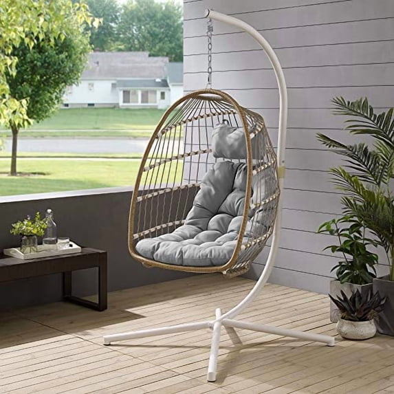 Walker Edison Resin Rattan Wicker Swing Egg Chair with Stand in Brown/Gray