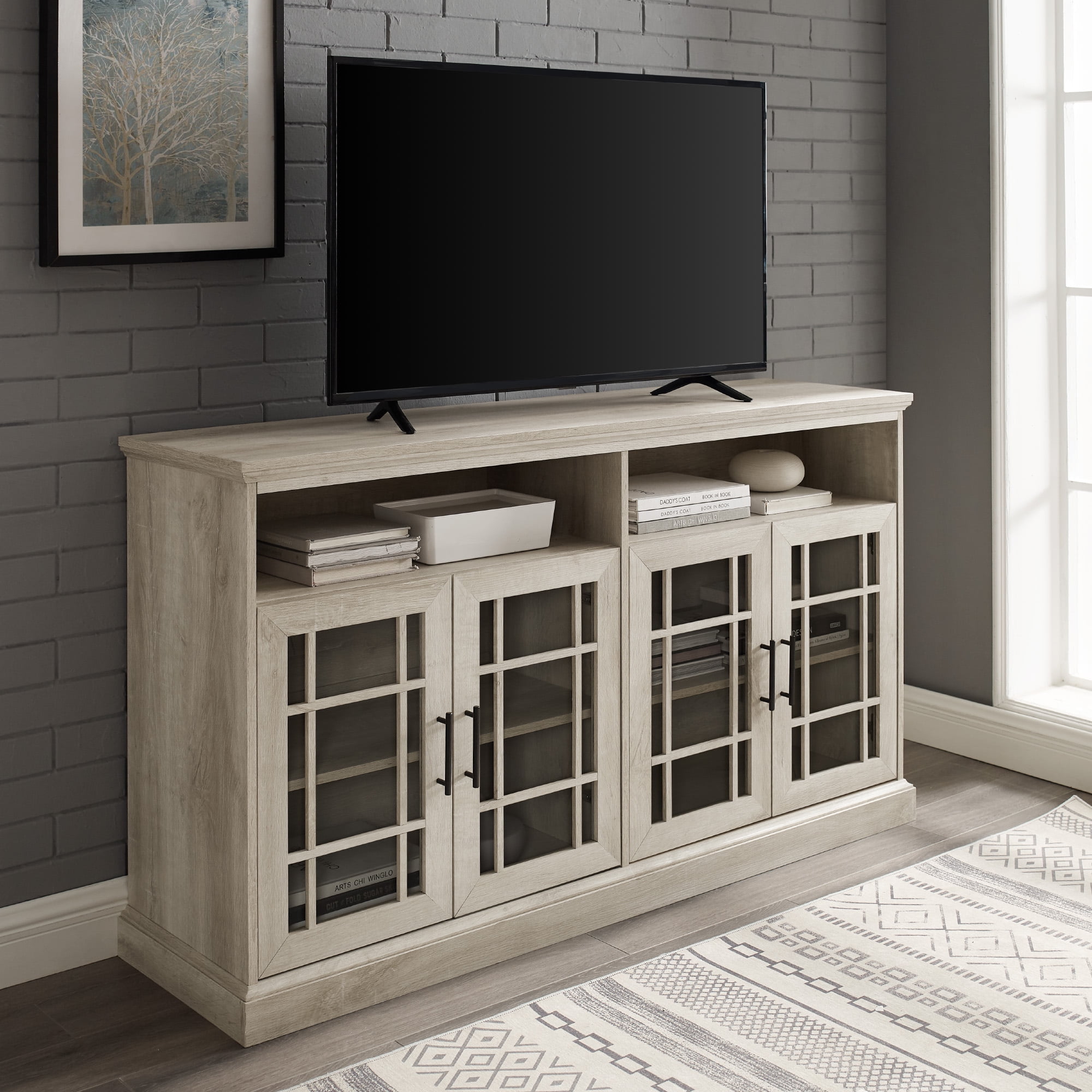 White Oak Glass Door TV Stand with Adjustable Shelves