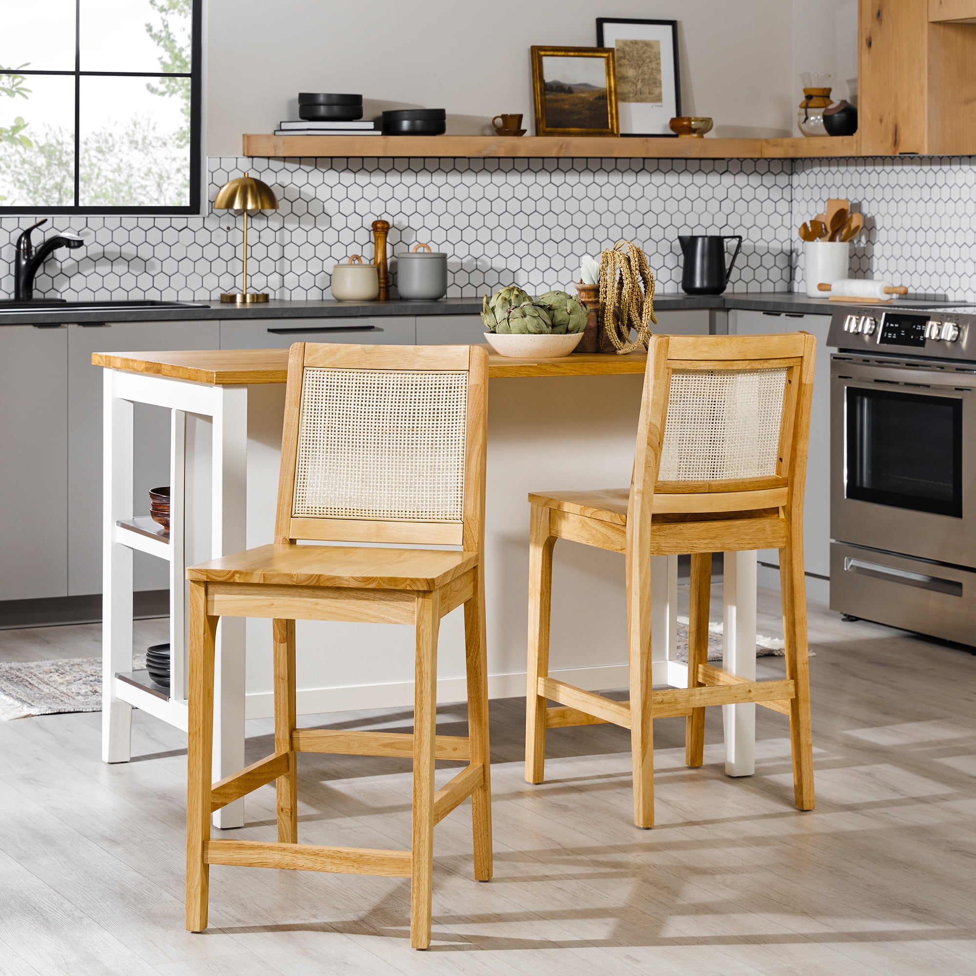 Walker Edison Collection Solid Wood Counter Stool with Woven Rattan Back, Natural (Set of 2)