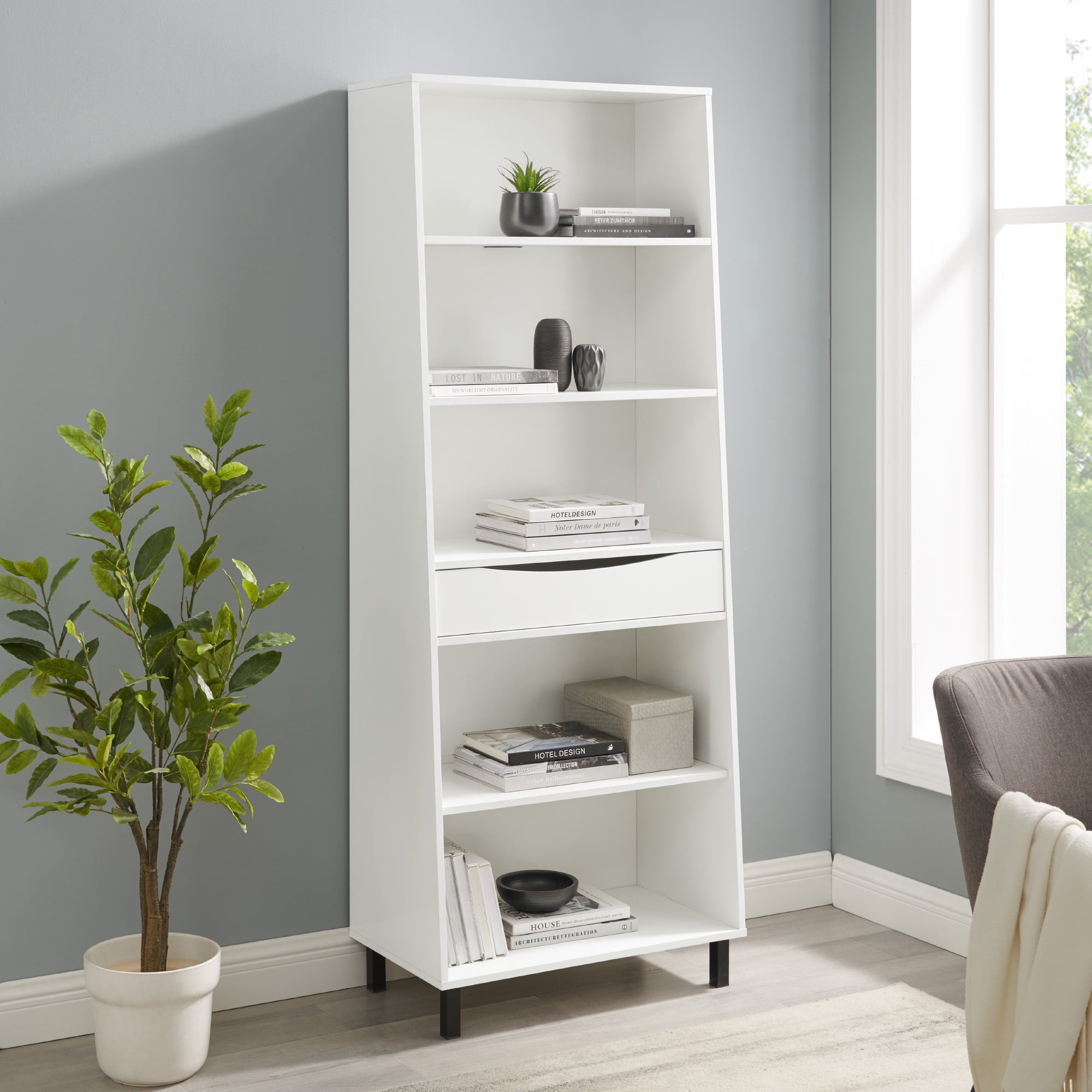 Walker Edison Contemporary 1 Drawer Angled Bookshelf Solid White