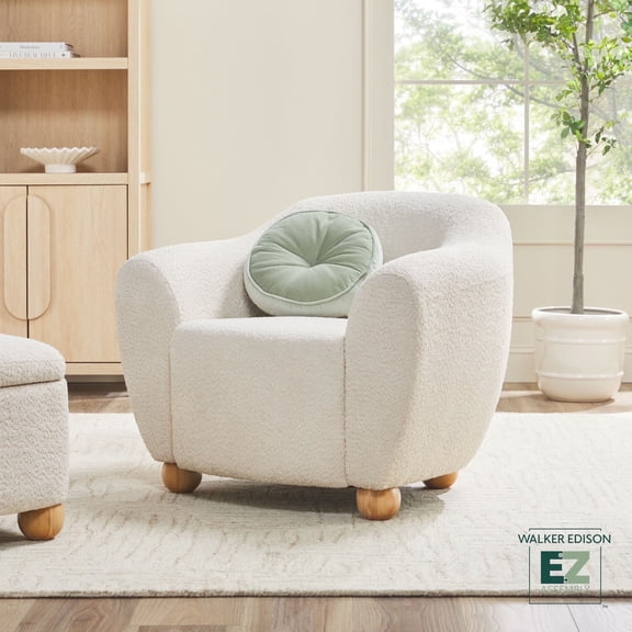 Walker Edison Contemporary Easy Assembly Bouclé Accent Chair with Wood Legs, Ivory