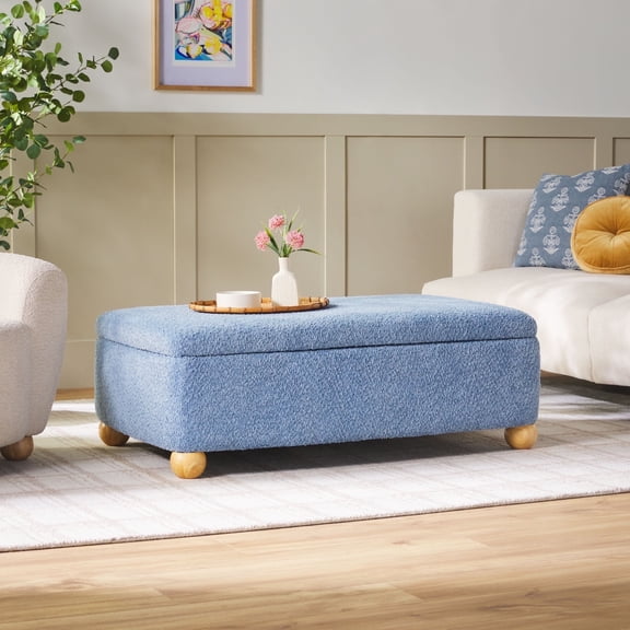 Walker Edison Contemporary Bouclé Easy Assembly Large Storage Ottoman, Soft Blue