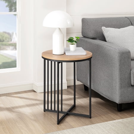 Walker Edison Contemporary Metal Slatted Round Side Table, Coastal Oak/Black