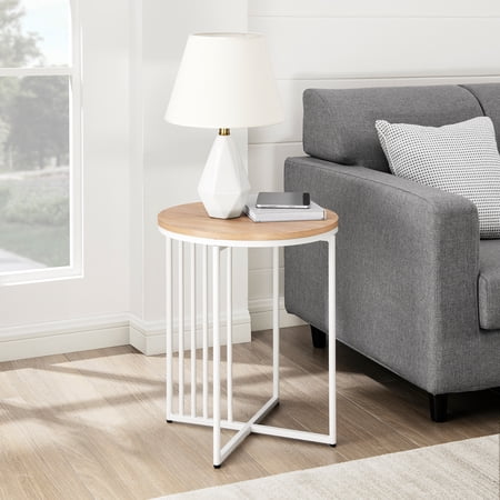 Walker Edison Contemporary Metal Slatted Round Side Table, Coastal Oak/White