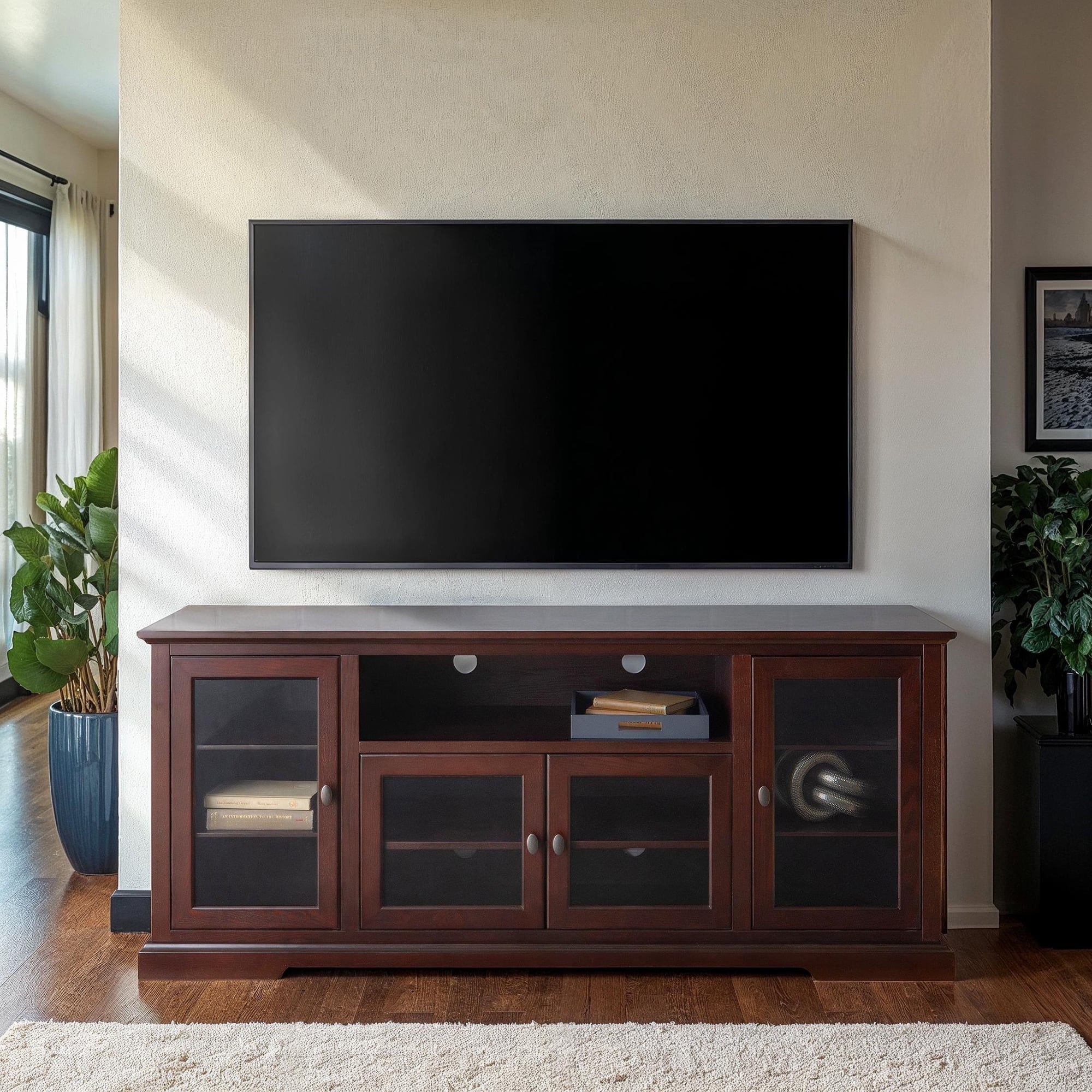 Espresso 70" TV Stand with Glass Cabinets and Shelves