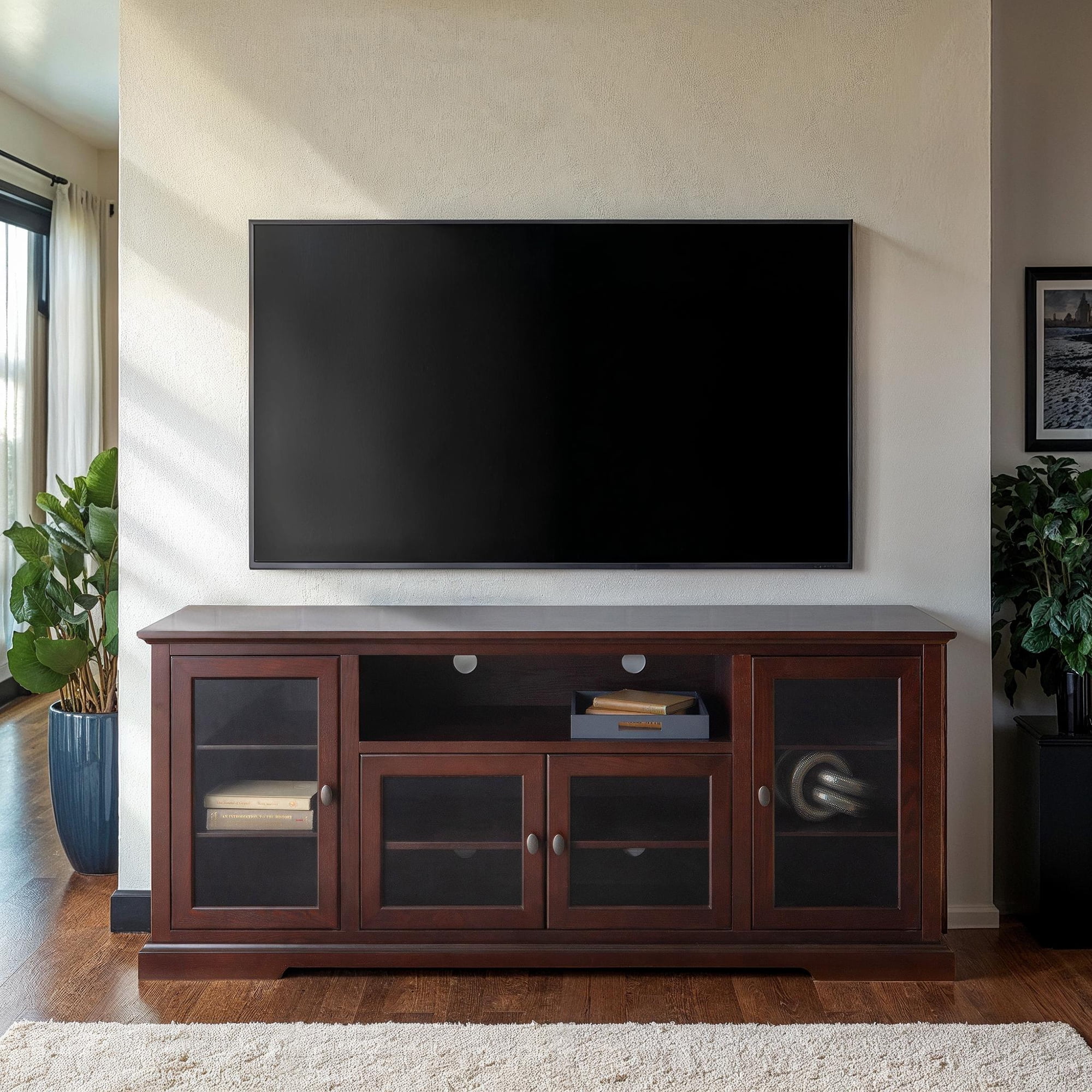 Espresso 70" TV Stand with Glass Cabinets and Shelves