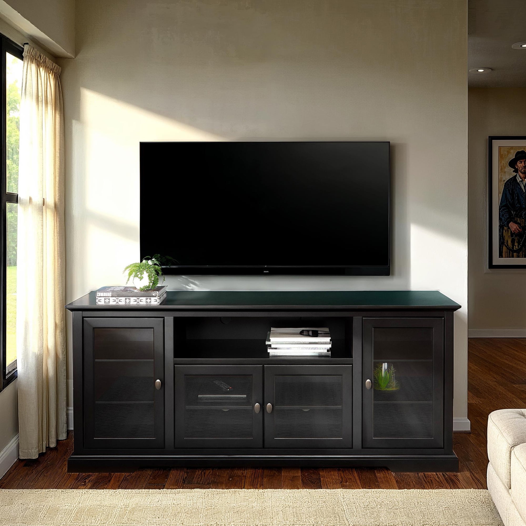 Matte Black 70-Inch TV Stand with Glass Cabinets