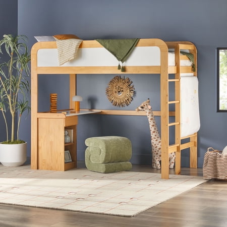 Walker Edison Contemporary Twin Loft Wooden Bed with Desk Natural Pine