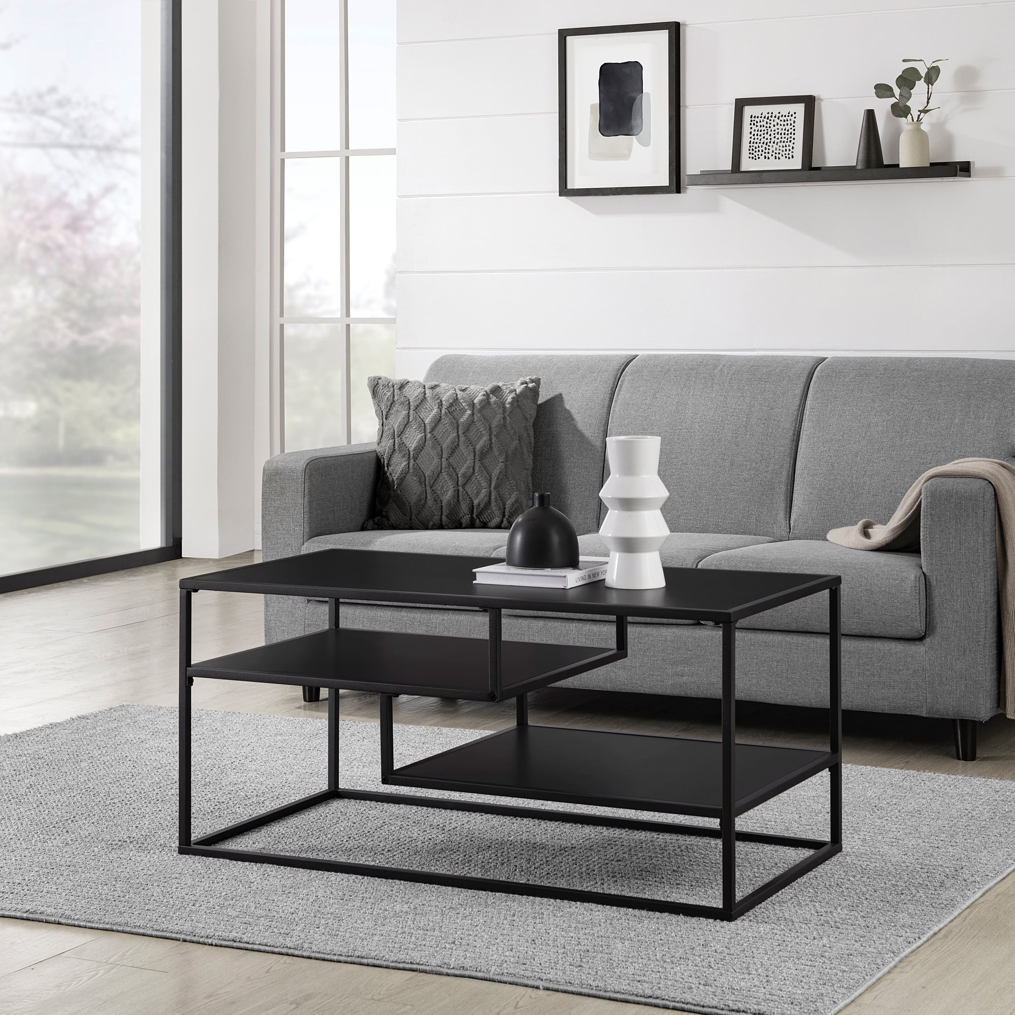 Solid Black Rectangular Wood and Metal Tiered Coffee Table