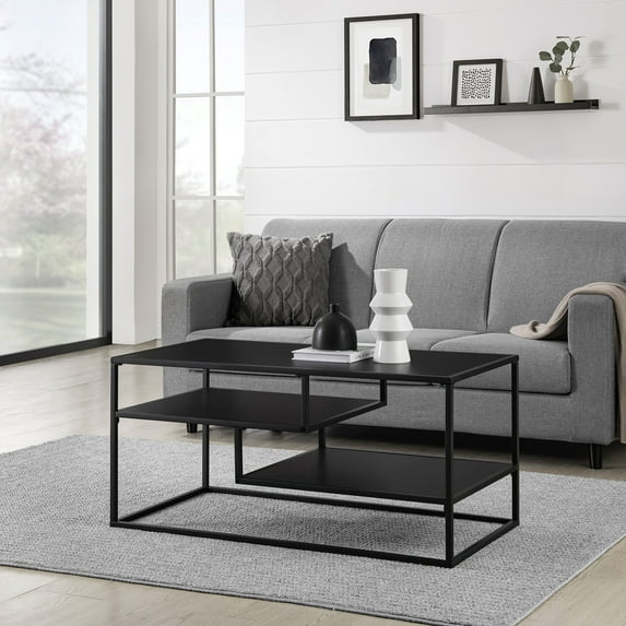 Walker Edison Contemporary Wood and Metal Tiered Coffee Table, Black