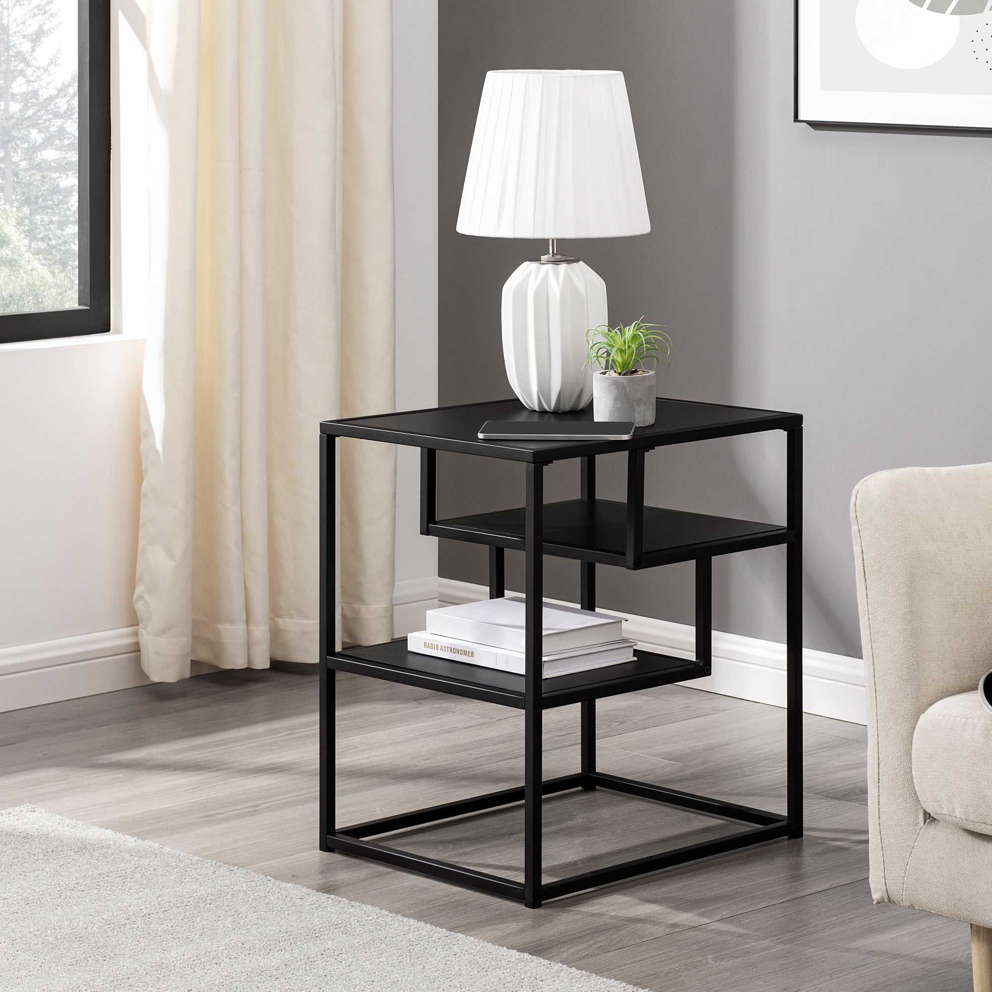 Solid Black Contemporary Metal and Wood Tiered Side Table