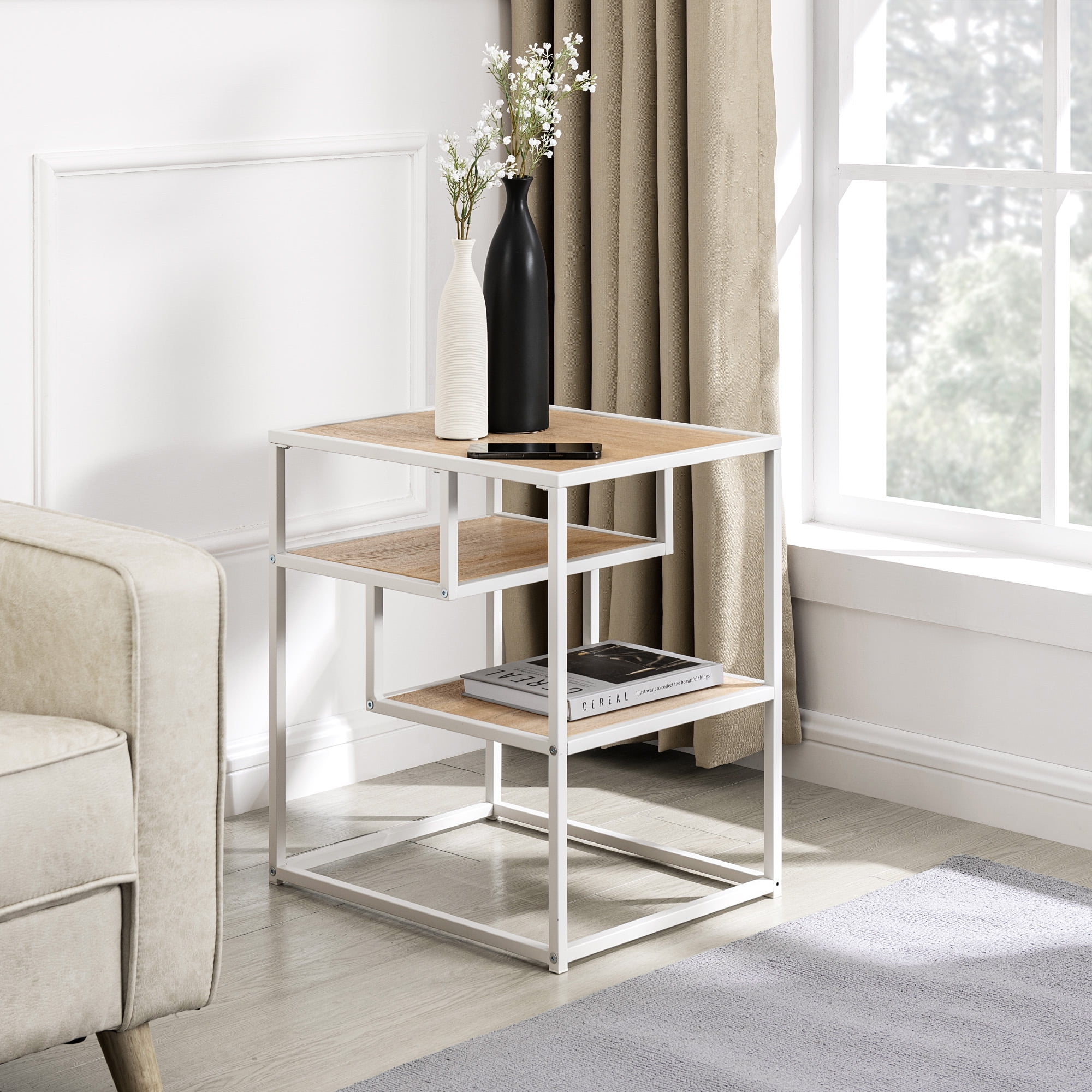 Walker Edison Contemporary Wood and Metal Tiered Side Table, Coastal ...
