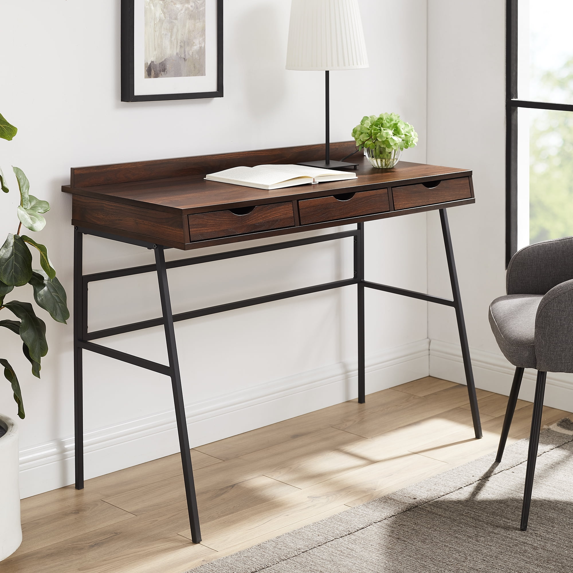 Walker Edison Darcy Modern 3-Drawer Dark Walnut Desk - Walmart.com