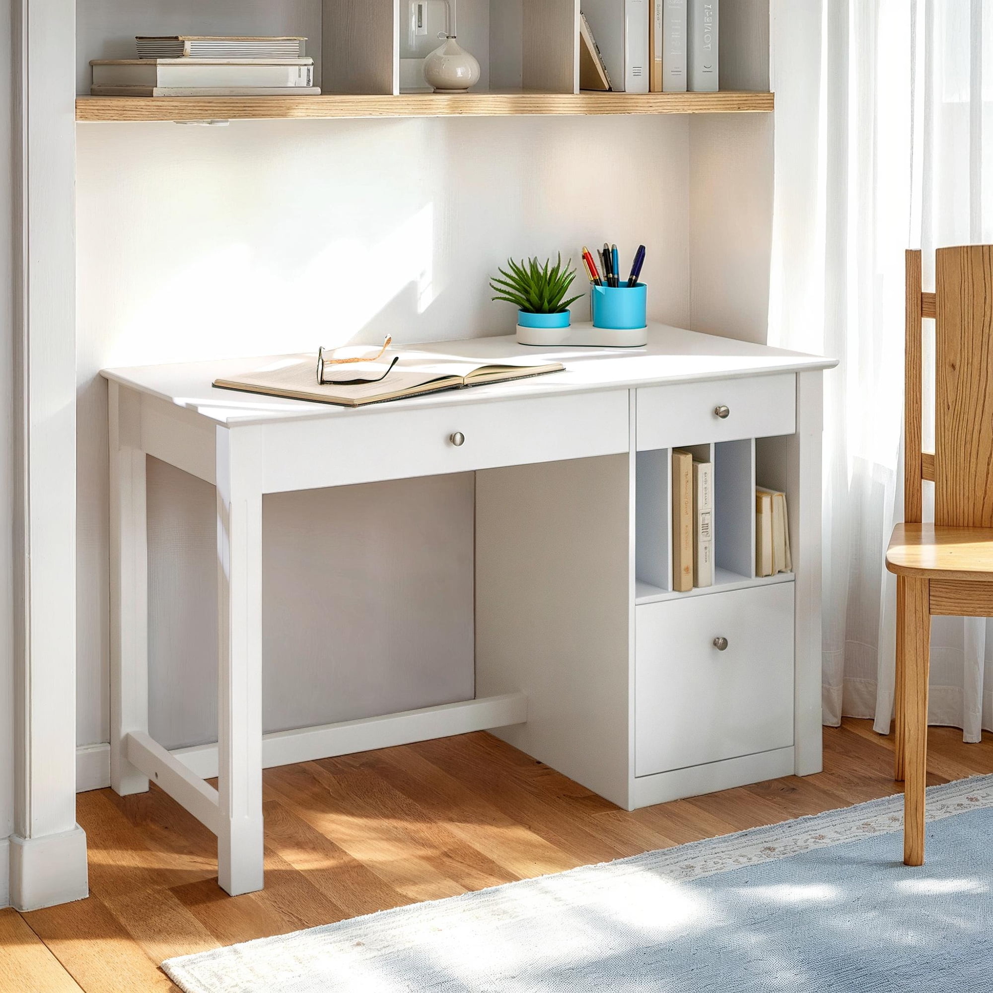 White Wood Computer Desk with Drawer and Keyboard Tray