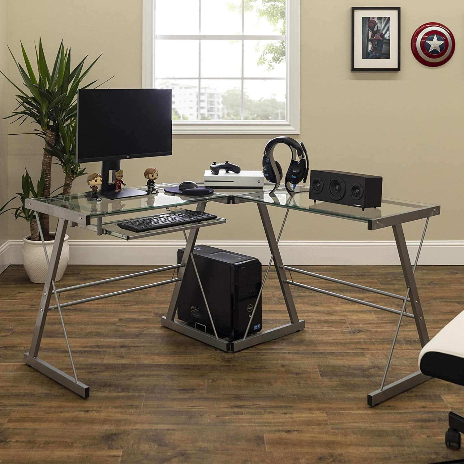 Walker Edison Ellis Modern Glass Top L Shaped Corner Gaming Desk with Computer Keyboard Tray 51 Inch Silver