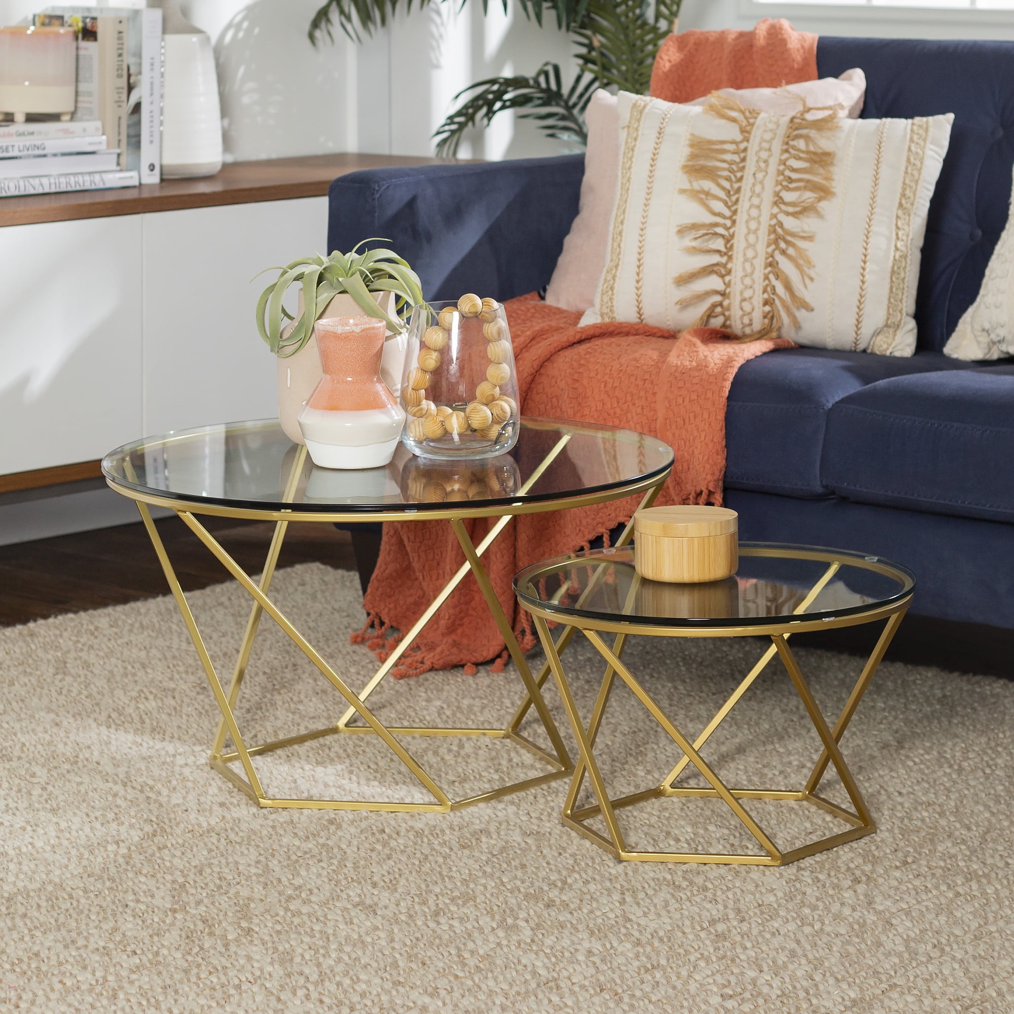 Walker Edison Eloise Geometric Nesting End Tables Glass Gold Set