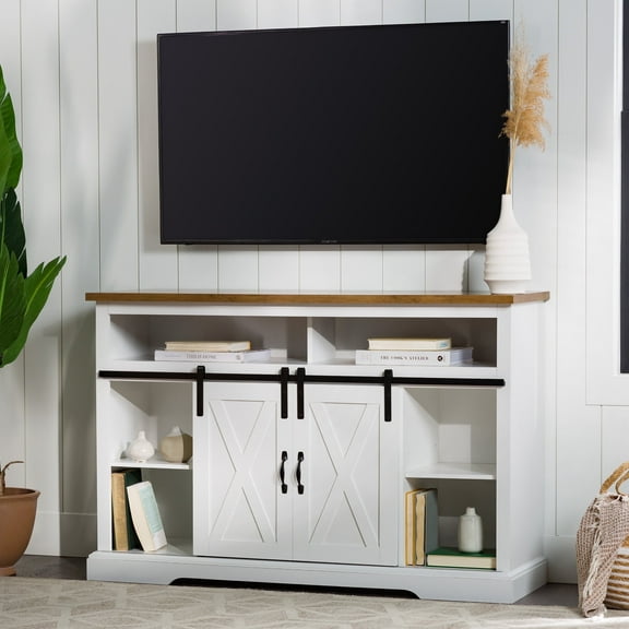 Walker Edison Farmhouse Barn Door TV Stand for TVs up to 60", Solid White & Rustic Oak
