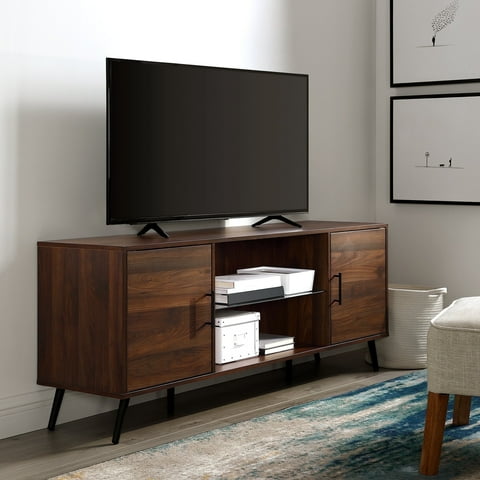 Walker Edison Mid Century 2-Door TV Stand for TVs up to 68", Dark Walnut