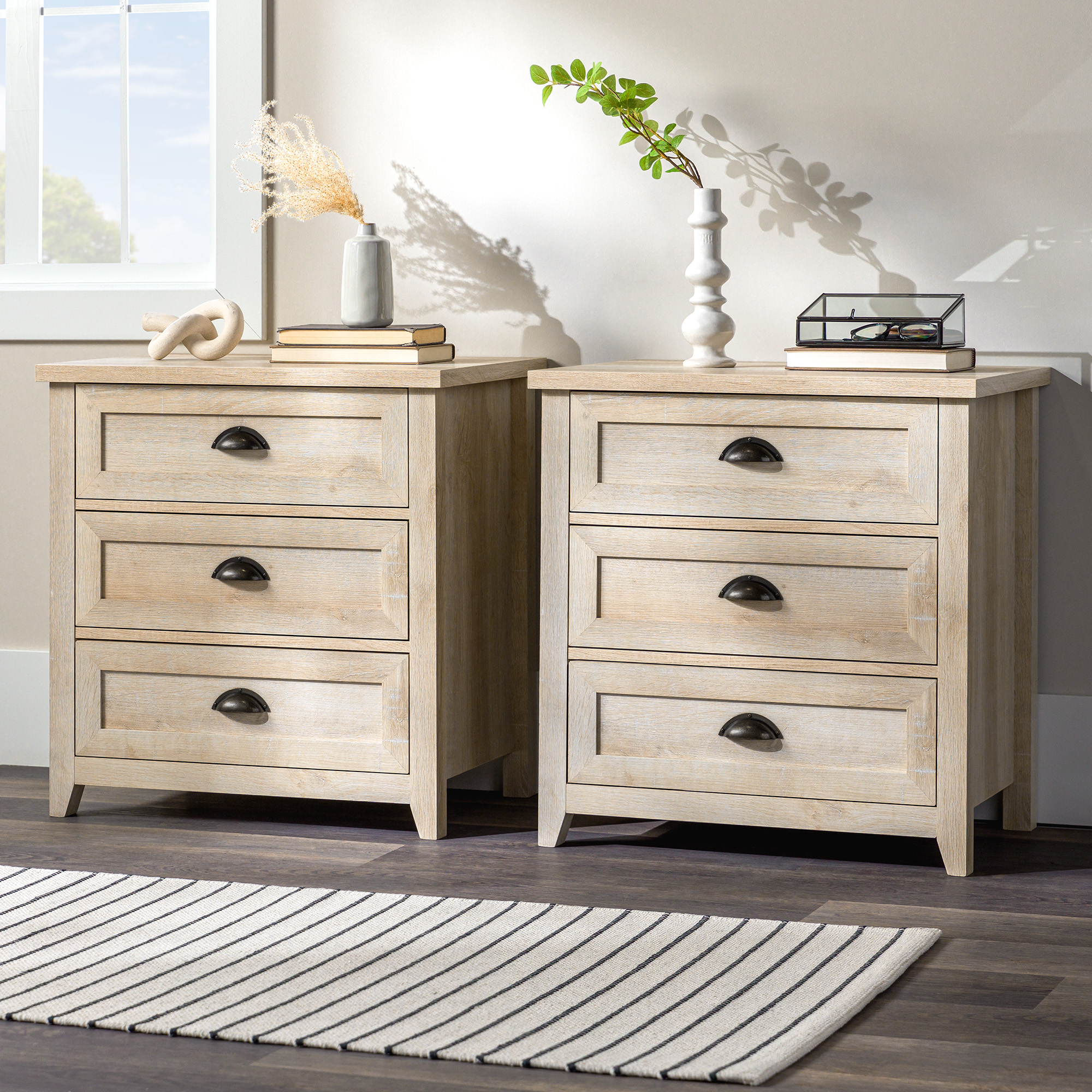 [  ]★ESSENTIAL EASY WEAR SETUP UNI 3-PIECE SET Walker Edison Farmhouse 3 Drawer Nightstand, Set of 2, White