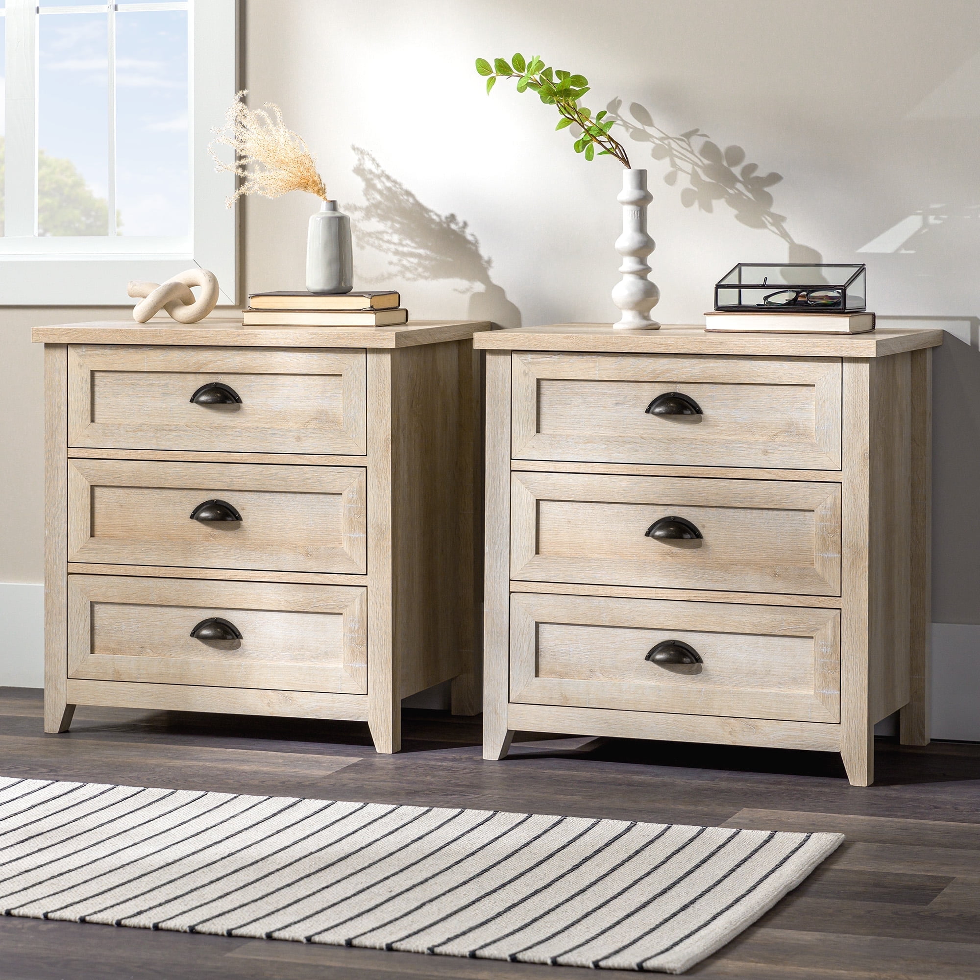 Walker Edison Farmhouse 3 Drawer Nightstand, Set of 2, White Oak