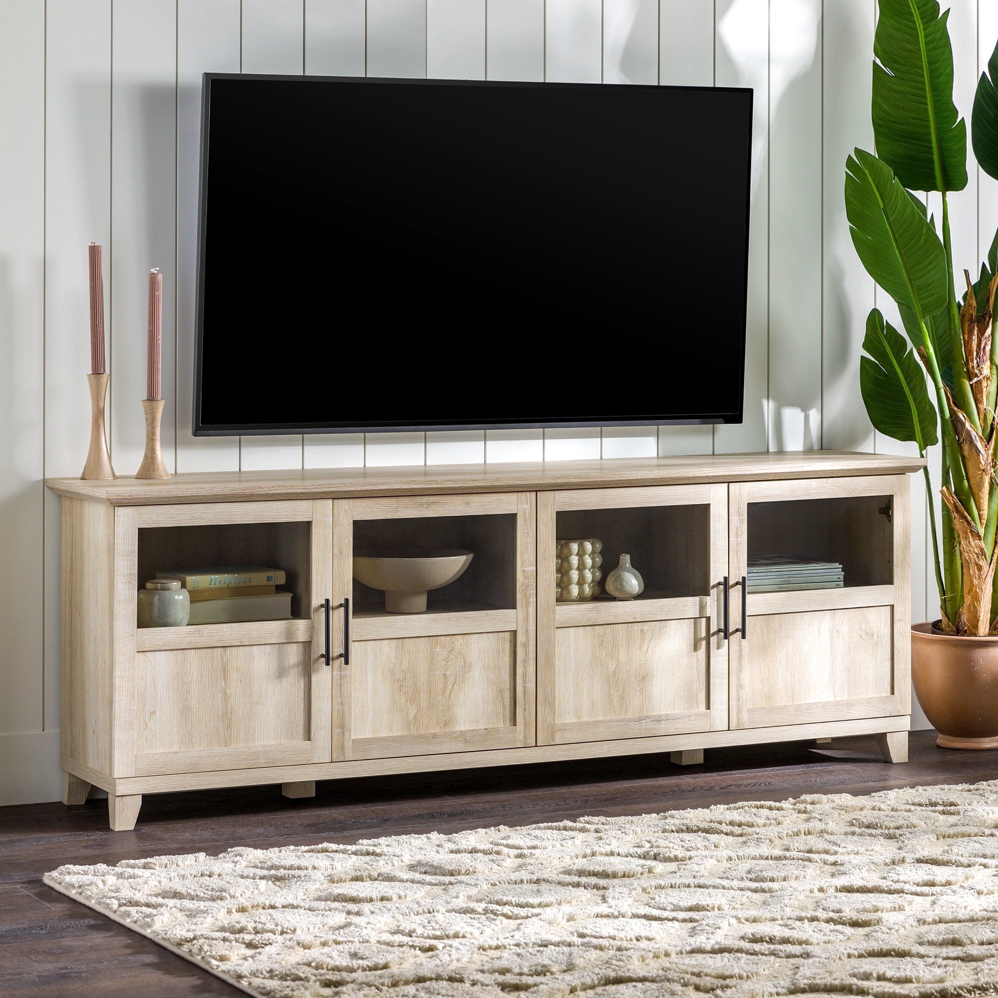 Walker Edison Farmhouse 4 Door TV Stand for TVs Up to 80", White Oak