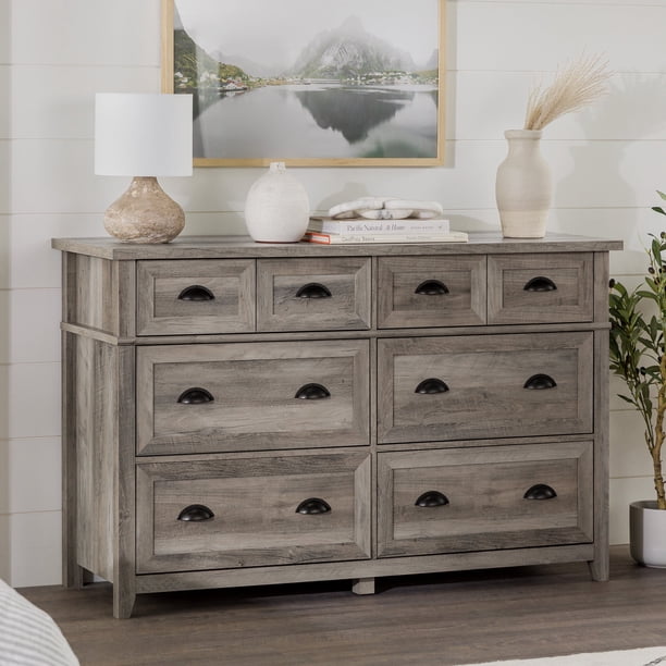 grey washed dresser Farmhouse Grey Wash 6-Drawer 52 in. W Dresser with Faux Double Drawers