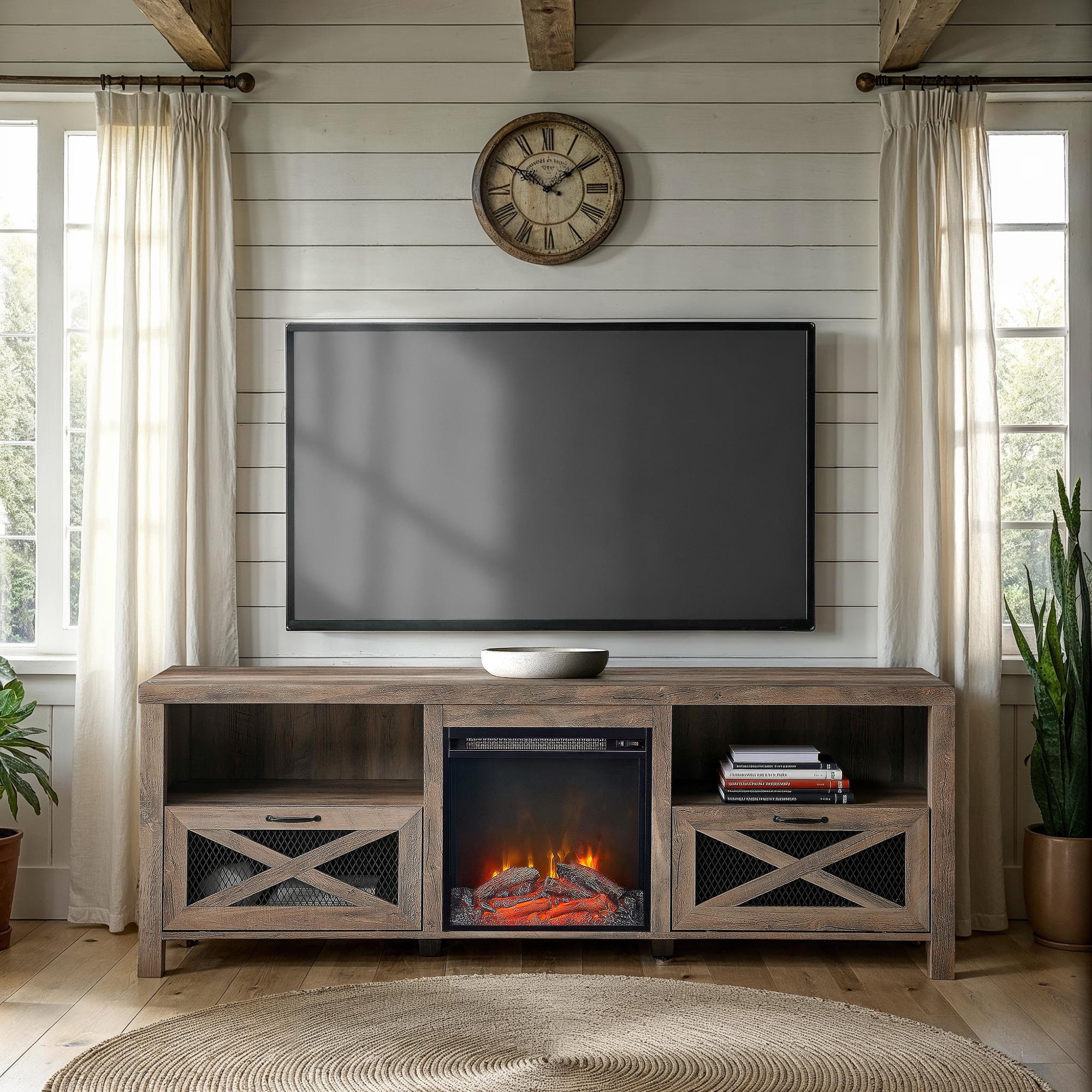 Grey Wash Rustic 70'' Electric Fireplace TV Stand with Cabinet Storage