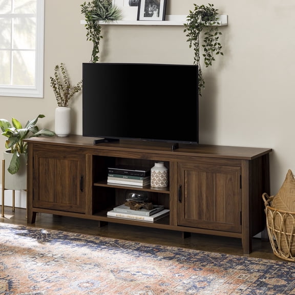 Walker Edison Farmhouse Grooved Door TV Stand for TVs up to 80", Dark Walnut