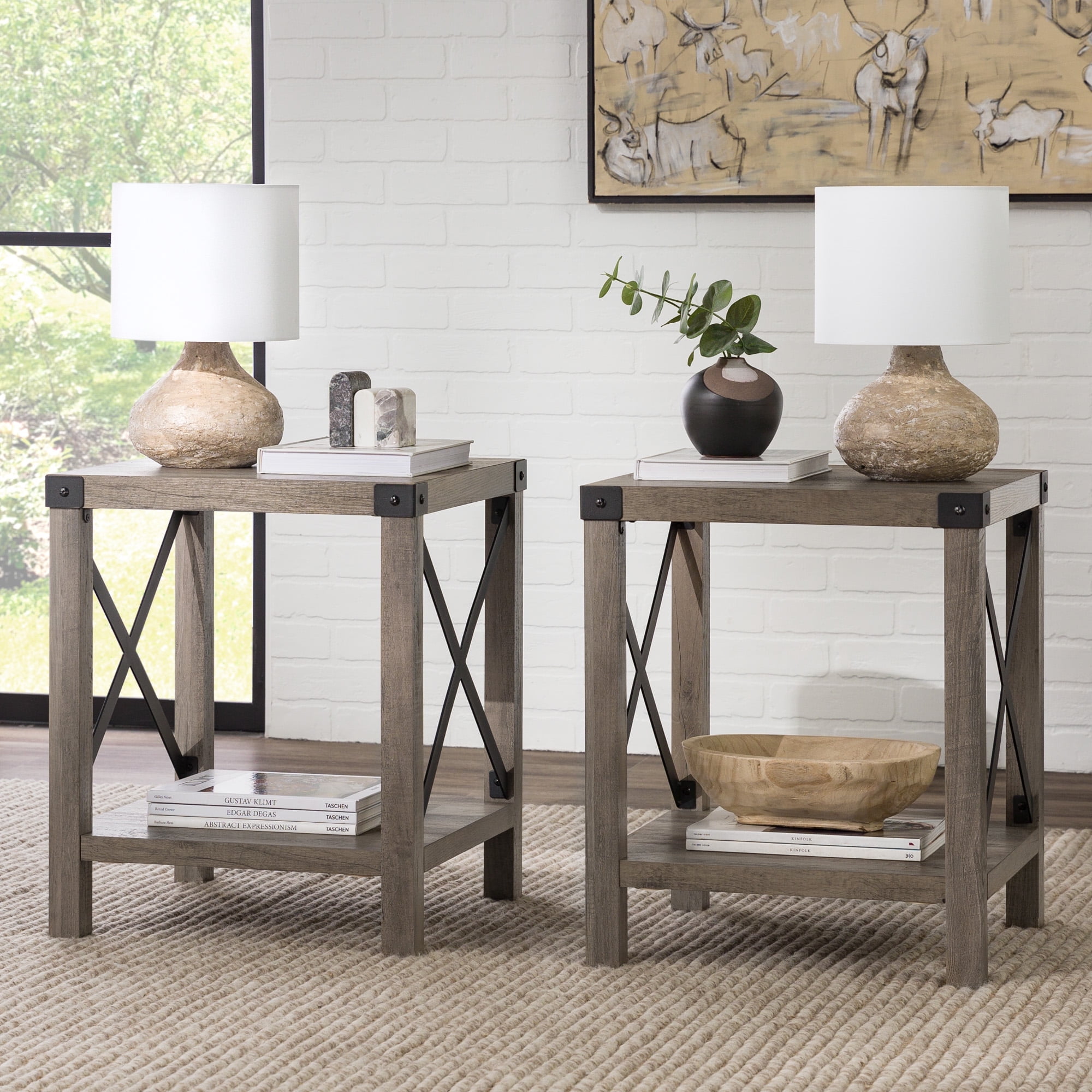 Walker Edison Farmhouse Open Storage Side Table, Set of 2, Grey