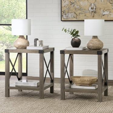 Walker Edison Farmhouse Open Storage Side Table, Set of 2, Grey Wash