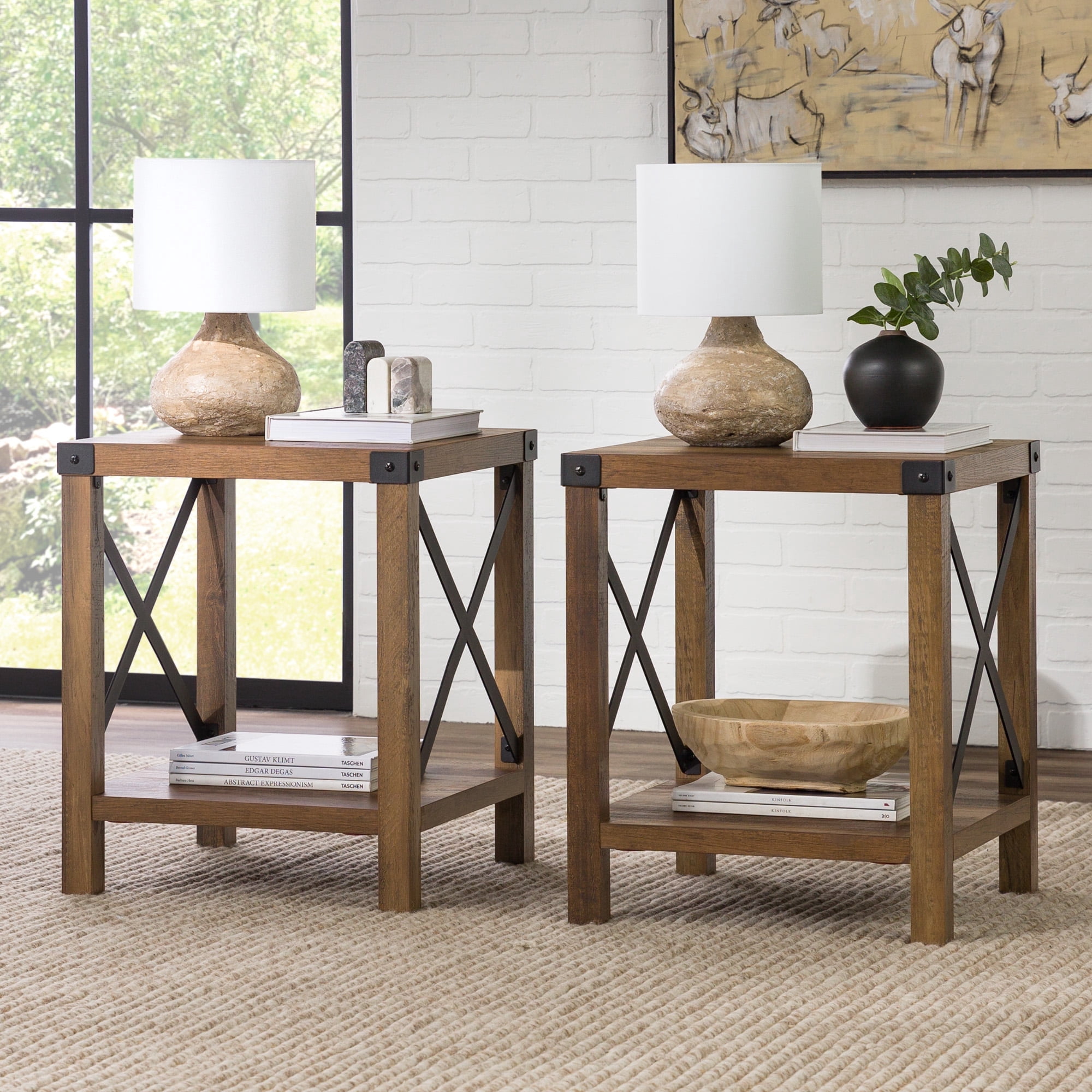 Walker Edison Farmhouse Open Storage Side Table, Set of 2, Reclaimed Barnwood