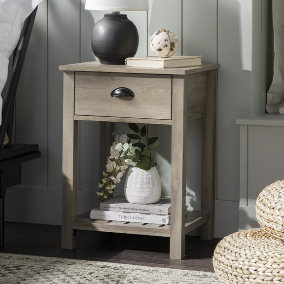 Walker Edison Farmhouse Single Drawer Open Shelf End Table, Grey Wash